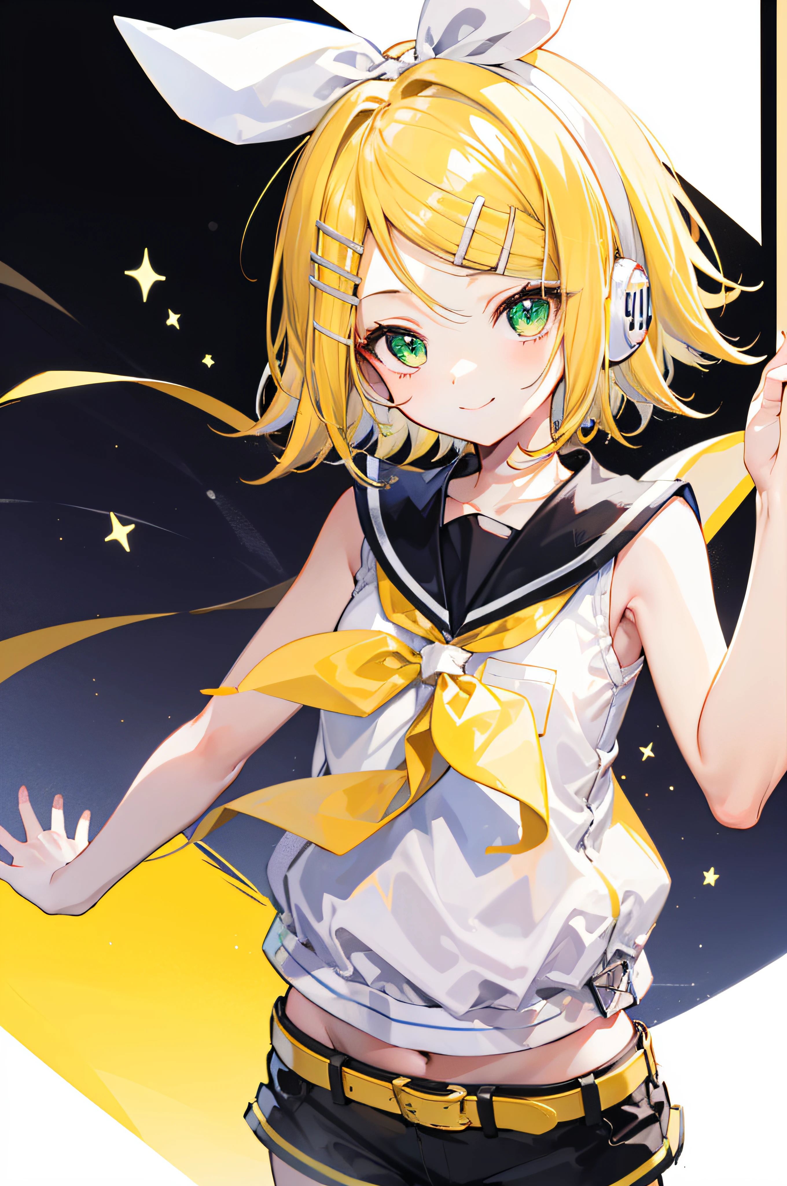 best quality, ultra precision, one girl, (Kagamine_Rin), green eyes, cute, short hair, white hair ribbon, hair clips, head phone, blond hair, sailor uniform, black short pants, belt, yellow neckerchief, sleeveless, smile, high school student, your older sister, white background