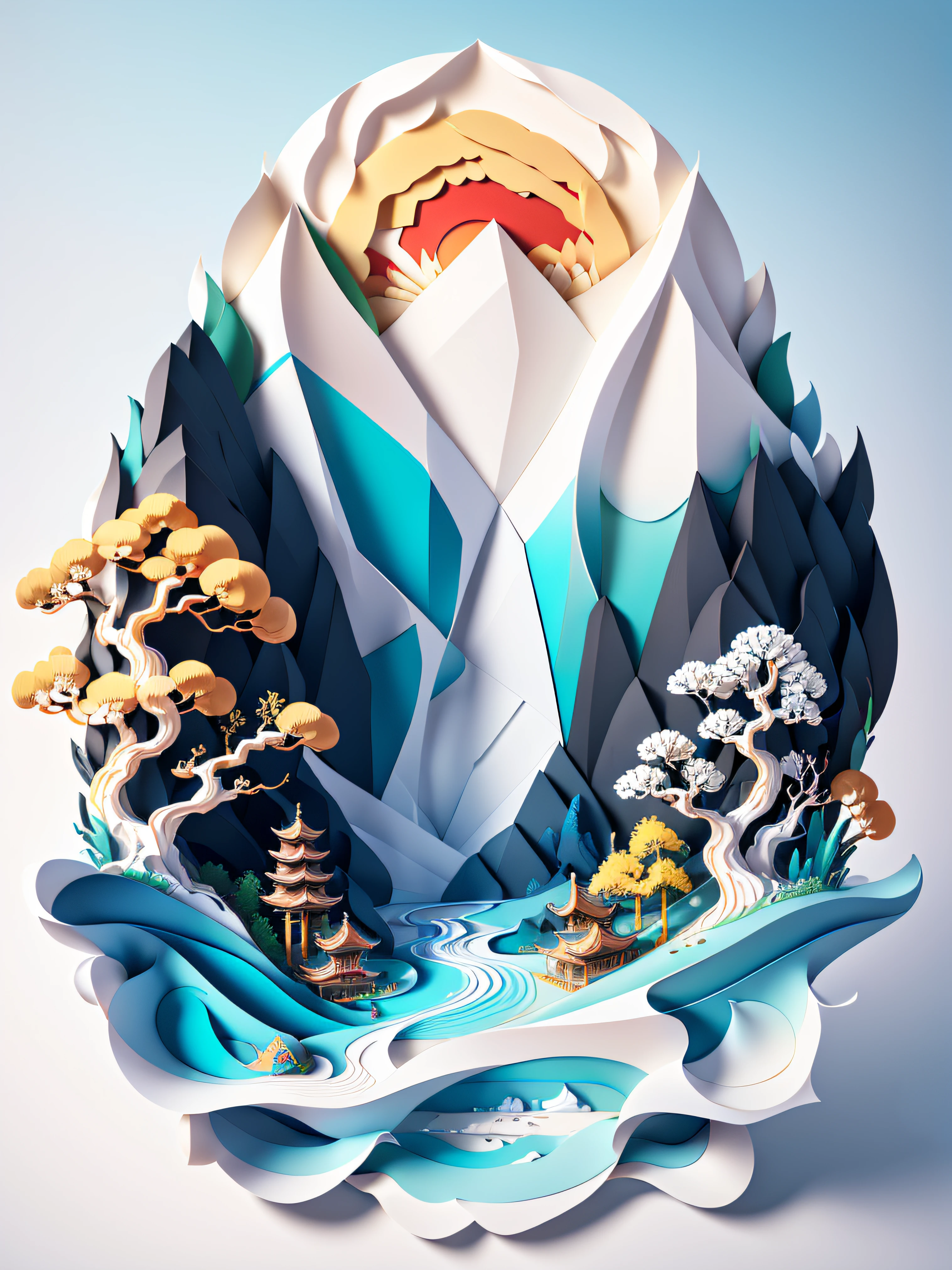 Traditional Chinese landscape painting, paper creation, 3D stereoscopic rendering, color gradient from white to light blue, 4K resolution, simple and natural composition, :white background, fresh and vulgar style. (:nature:)
