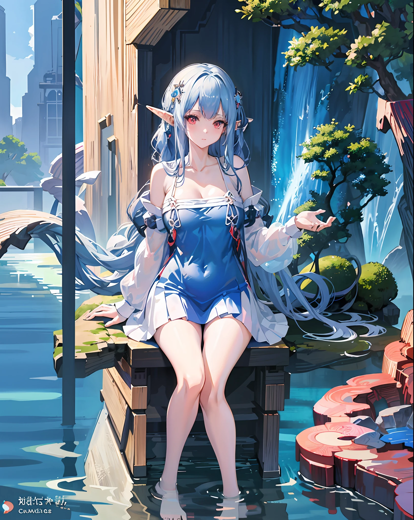 Anime girl sitting in pond holding cell phone in bikini, wallpaper anime blue water, By Yuumei, Detailed digital anime art, Kawasi, Digital anime illustration, [ 4 K digital art ]!!, closeup fantasy with water magic, Japanese goddess, clean and meticulous anime art, Digital anime art, Guviz, by Yang J,(((Seductive elf princess))),(Big 1.6)