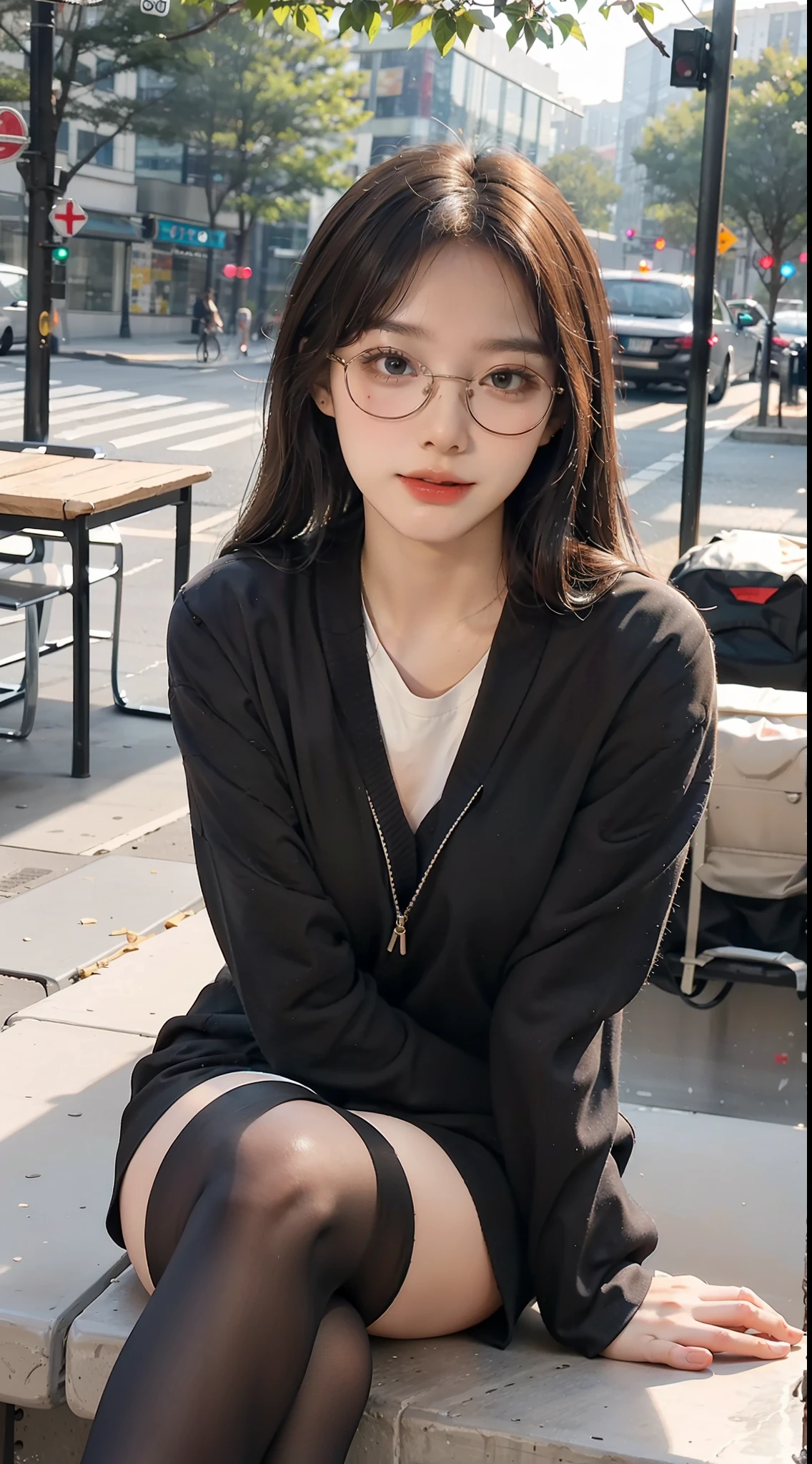 Best quality, full body portrait, delicate face, pretty face, 25 year old woman, slim figure, small bust, OL uniform, office clothes, black stockings, outdoor scene, sitting position, wearing glasses