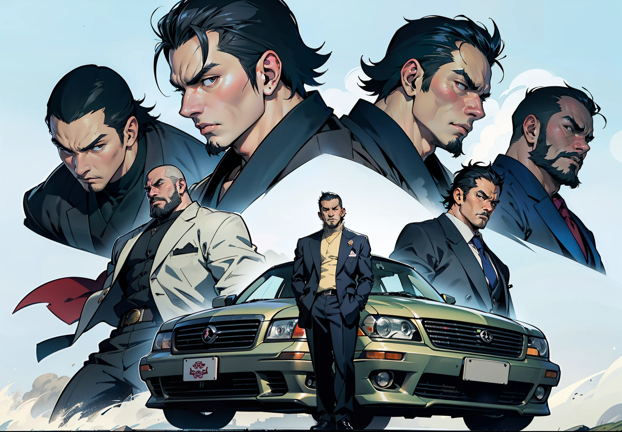 Five Yakuza, in suit, studio ghibli art style, different poses front on the car, epic, male, perfect car, perfect face, Black, katana, ultra illustration, high detailed, 90s, epic cinematic, dangerous man