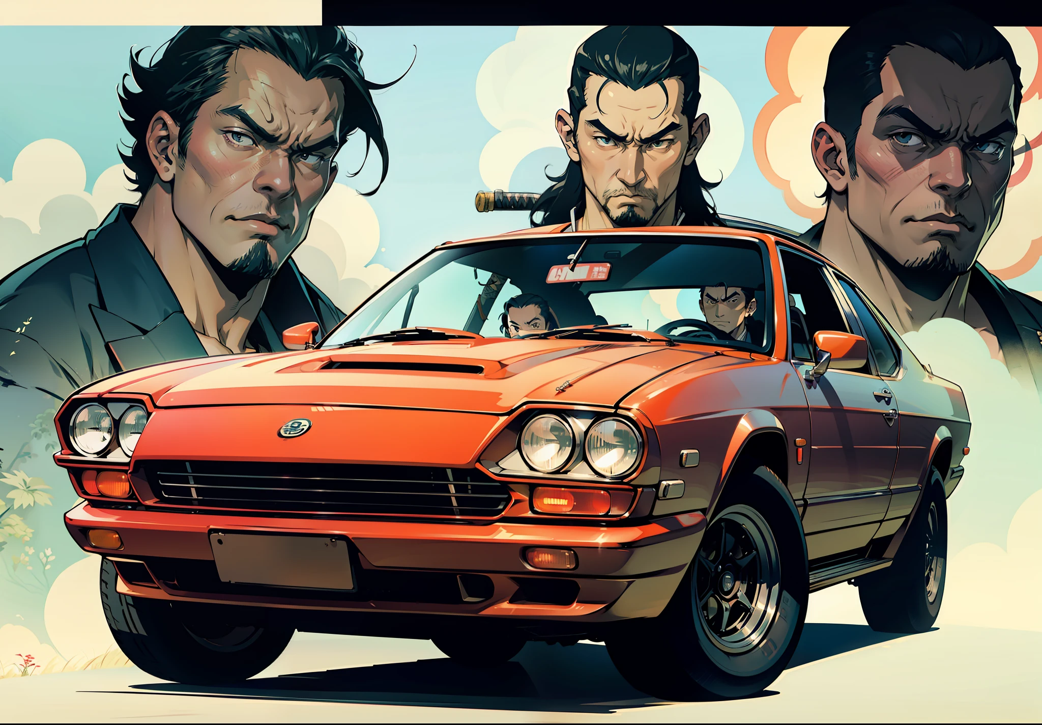 Five Yakuza, in suit, studio ghibli art style, different poses front on the car, epic, male, perfect car, perfect face, Black, katana, ultra illustration, high detailed, 90s, epic cinematic, dangerous man