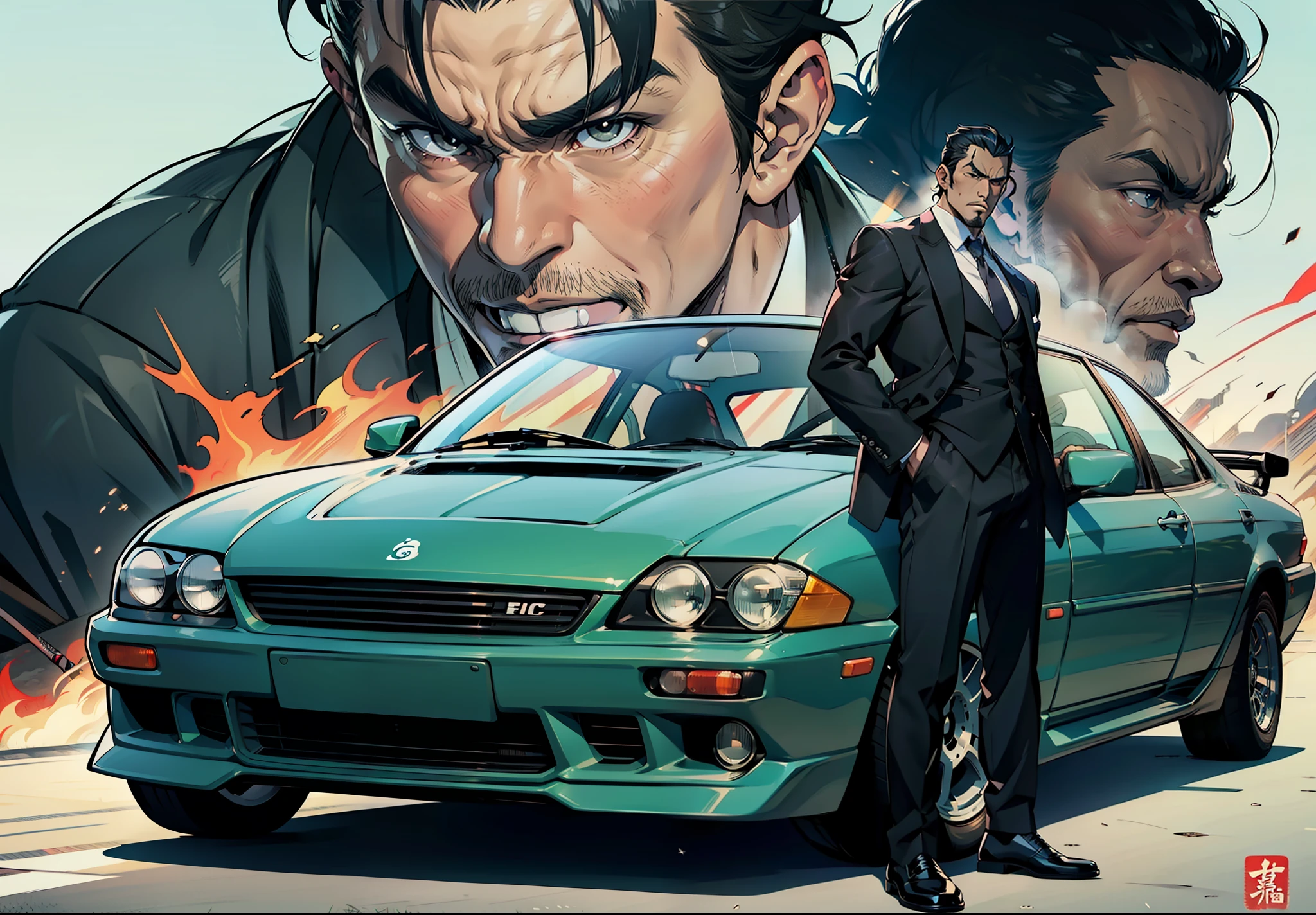 Five Yakuza, in suit, studio ghibli art style, different poses front on the car, epic, male, perfect car, perfect face, Black, katana, ultra illustration, high detailed, 90s, epic cinematic, dangerous man