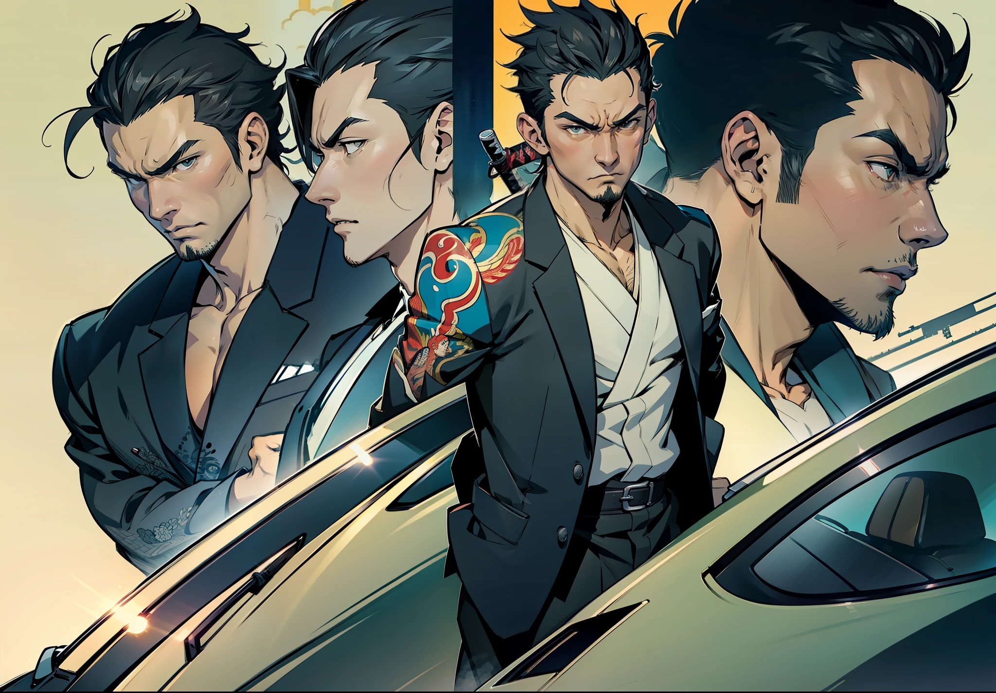 Five Yakuza, in suit, studio ghibli art style, different poses front on the car, epic, male, perfect car, perfect face, Black, katana, ultra illustration, high detailed, 90s, epic cinematic, dangerous man