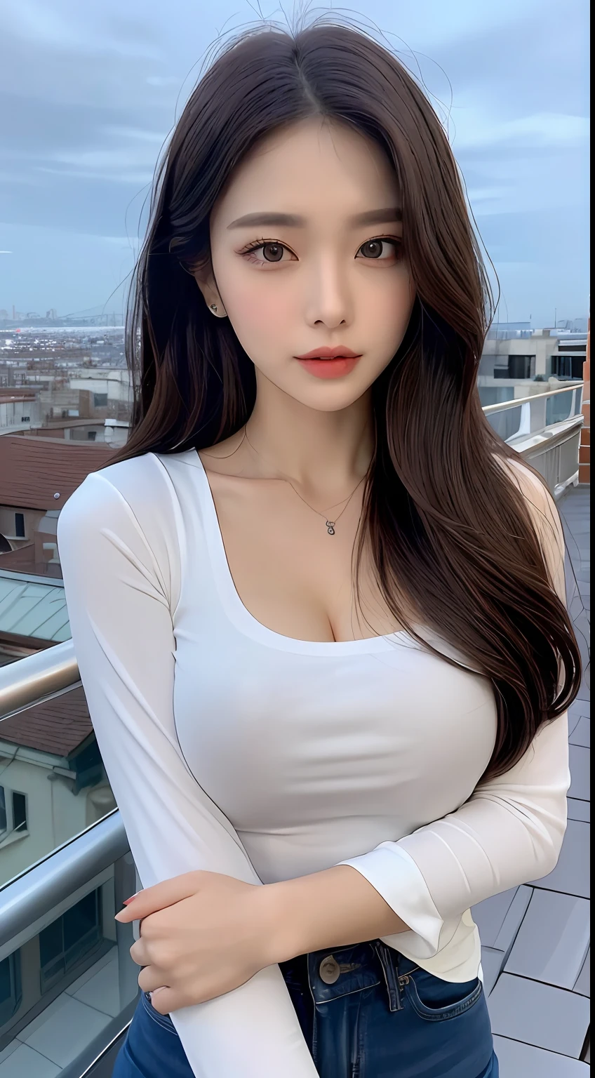 ((Midnight, Best quality, 8k, Masterpiece :1.3)), Whole body, Long legs, Sharp focus :1.2, A pretty woman with perfect figure :1.4, Slender abs :1.1, ((Dark brown hair, Big breasts :1.2)), (White tight tshirt, Jean bib, Standing:1.2), ((Night city view, Rooftop:1.3)), Highly detailed face and skin texture, Detailed eyes, Double eyelid