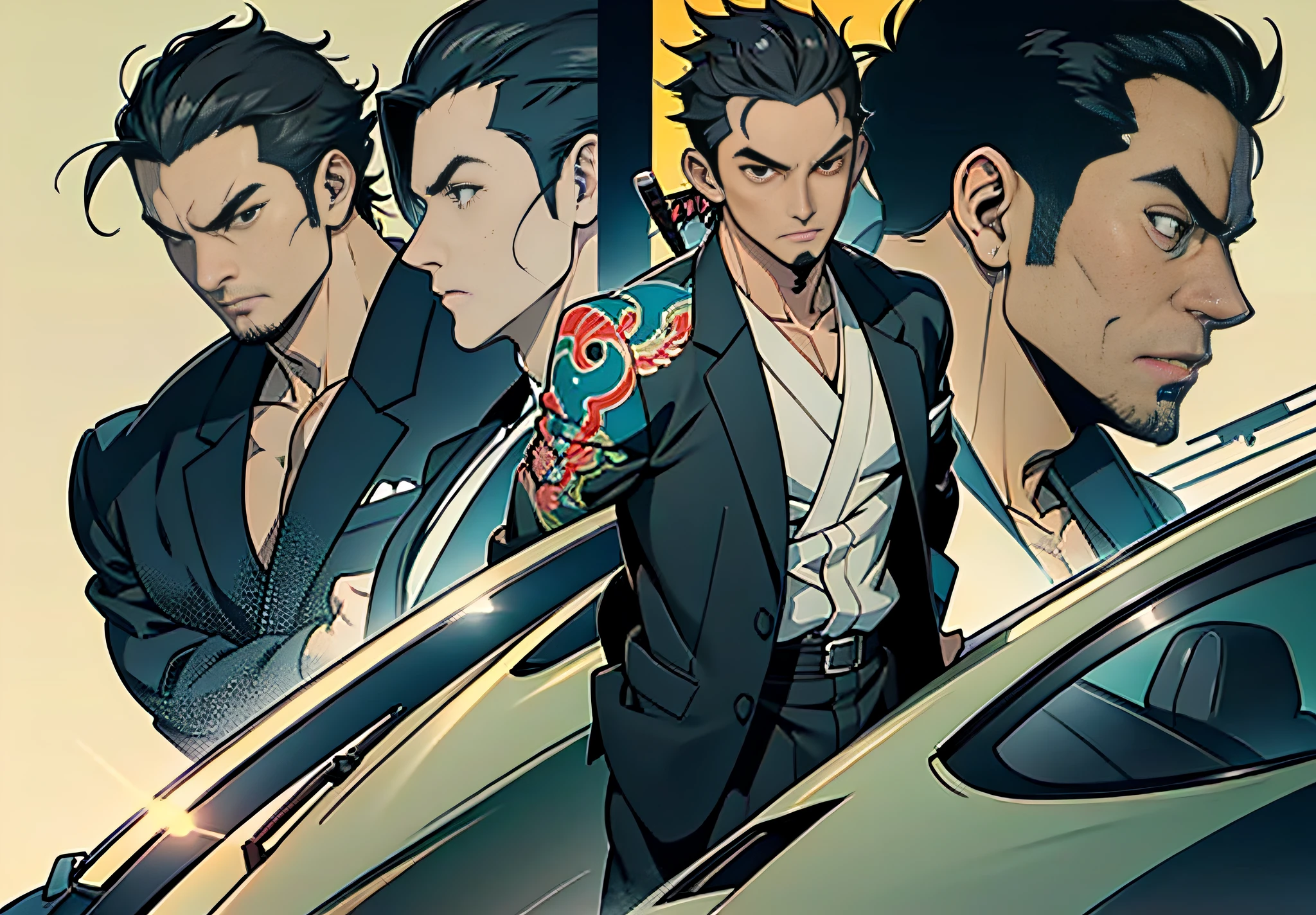 Five Yakuza, in suit, studio ghibli art style, different poses front on the car, epic, male, perfect car, perfect face, Black, katana, ultra illustration, high detailed, 90s, epic cinematic, dangerous man
