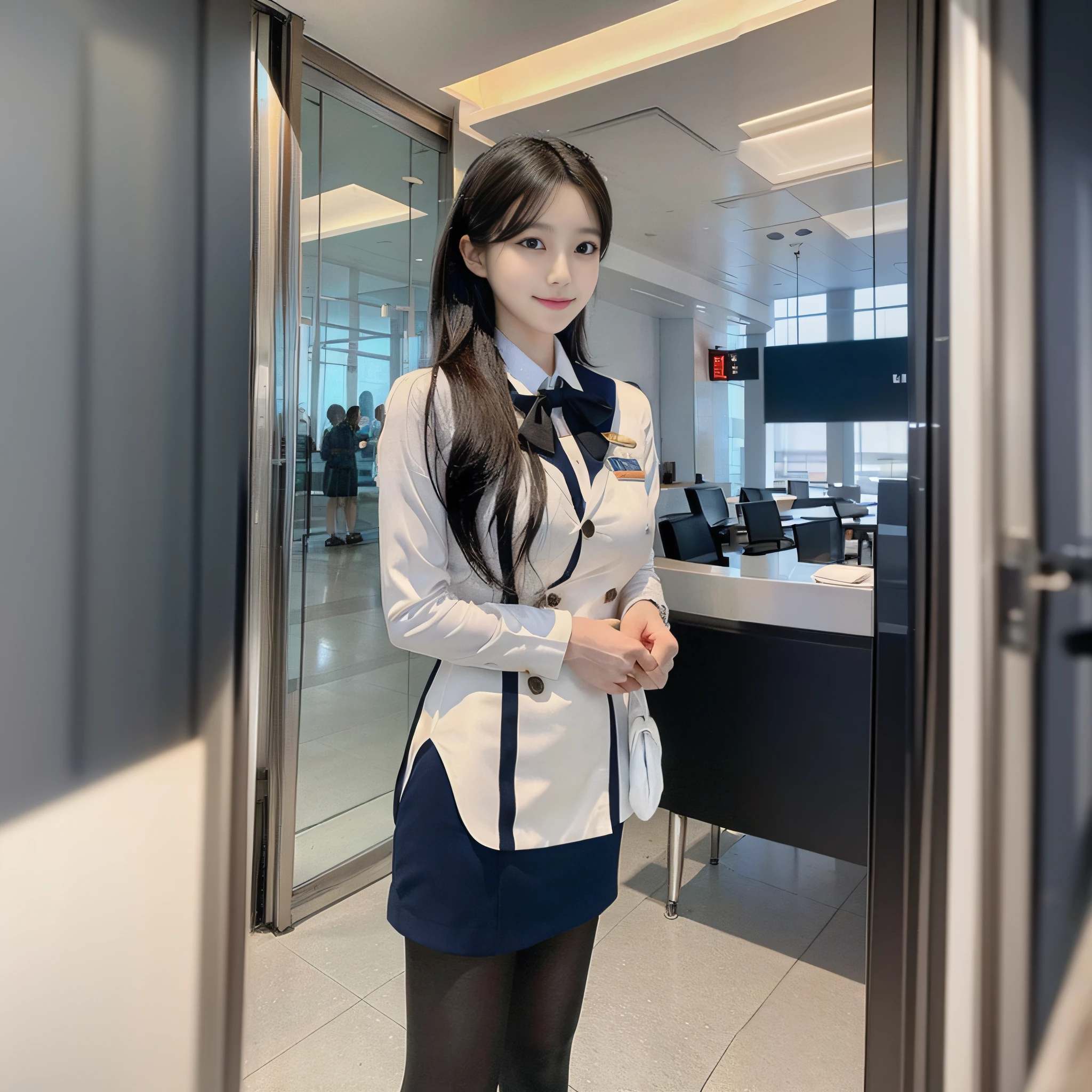 An Asian woman in uniform stands in front of a glass door, loose coat collar sailor uniform, JK school uniform, smooth white tight clothes suit, Sailor uniform, White uniform, sakimichan, girl in uniform, female sailor uniforms, uniform, Business attire, wearing rr diner uniform, Pilot costume, taken in 2 0 2 0, Coveralls, office clothes,White tender hands