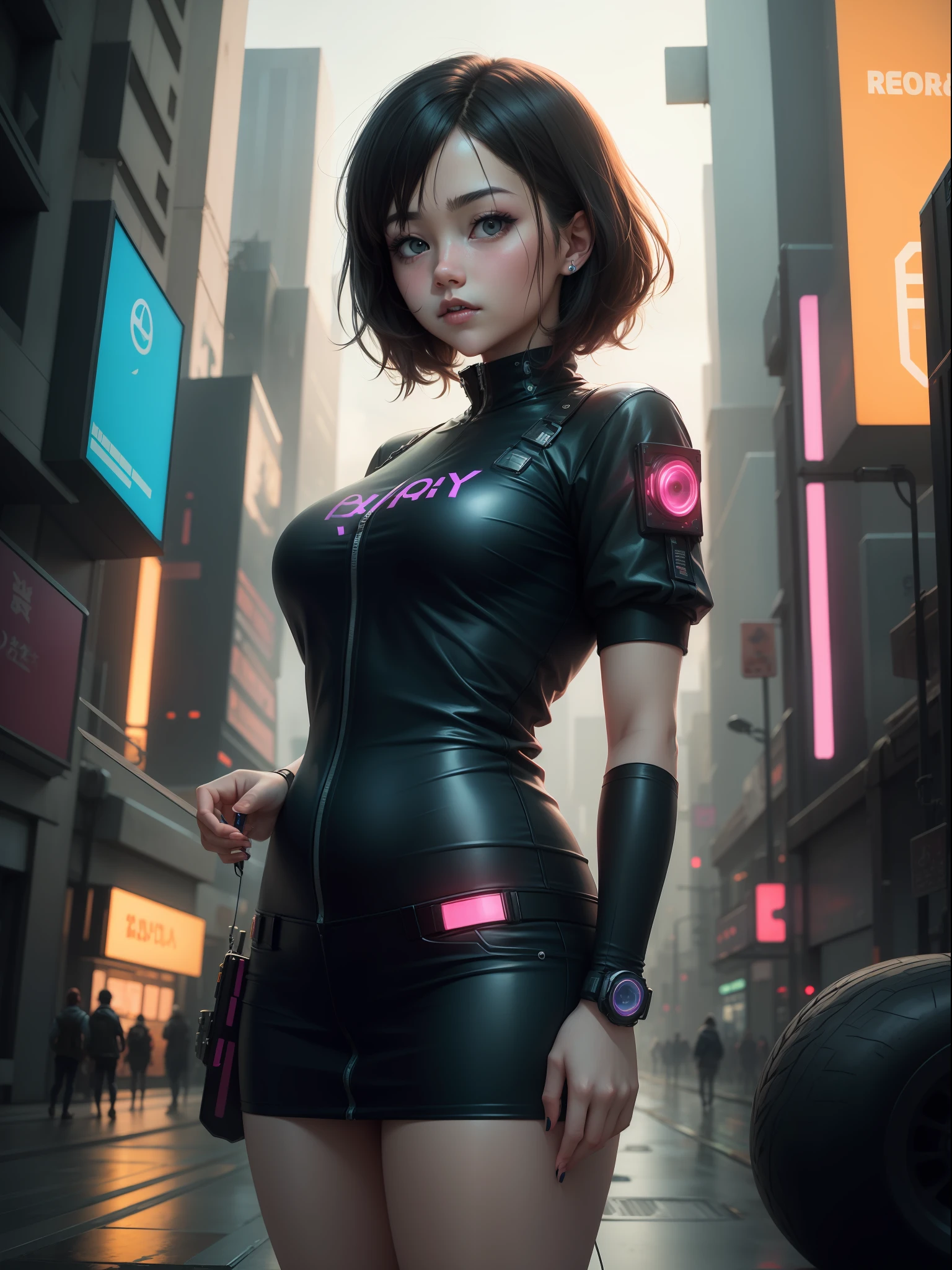 Low Chubby girl real face animeted ; change background in to cyberpunk ;