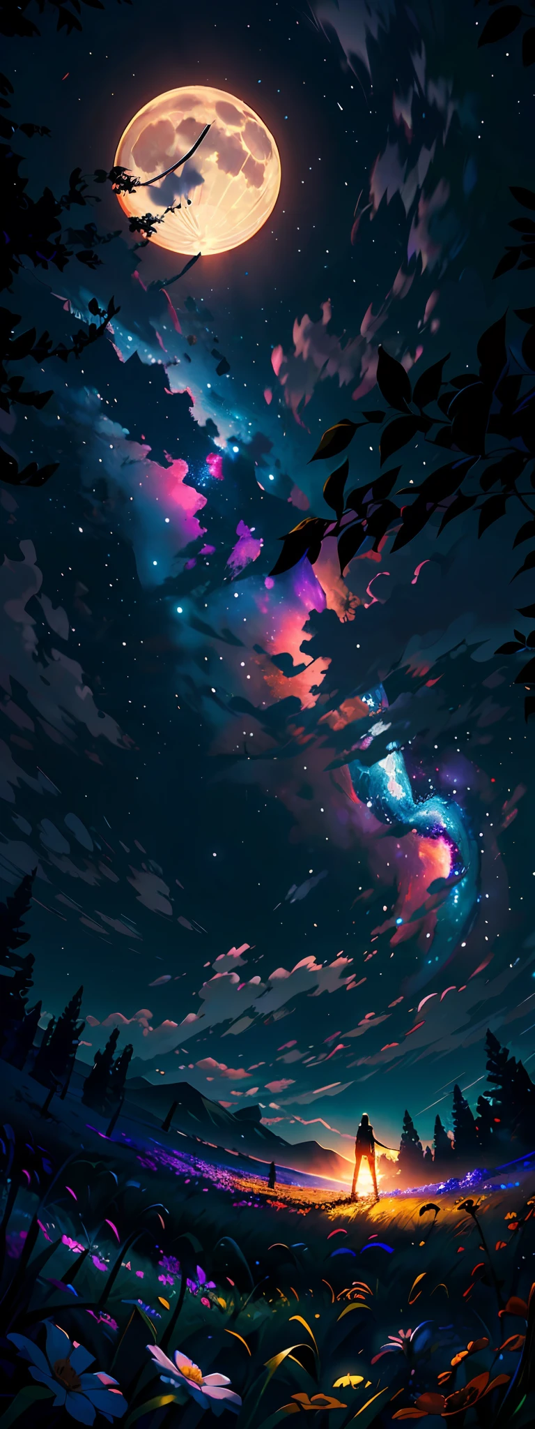 A wide landscape photo, (viewed from below, the sky is above, and the open field is below), a girl standing on a flower field looking up, (full moon: 1.2), (meteor: 0.9), (nebula: 1.3), distant mountains , Trees BREAK Crafting Art, (Warm Light: 1.2), (Firefly: 1.2), Lights, Lots of Purple and Orange, Intricate Details, Volumetric Lighting BREAK (Masterpiece: 1.2), (Best Quality), 4k, Ultra Detailed, (Dynamic Composition: 1.4), Rich in Detail and Color, (Rainbow Color: 1.2), (Glow, Atmospheric Lighting), Dreamy, Magical, (Solo: 1.2)