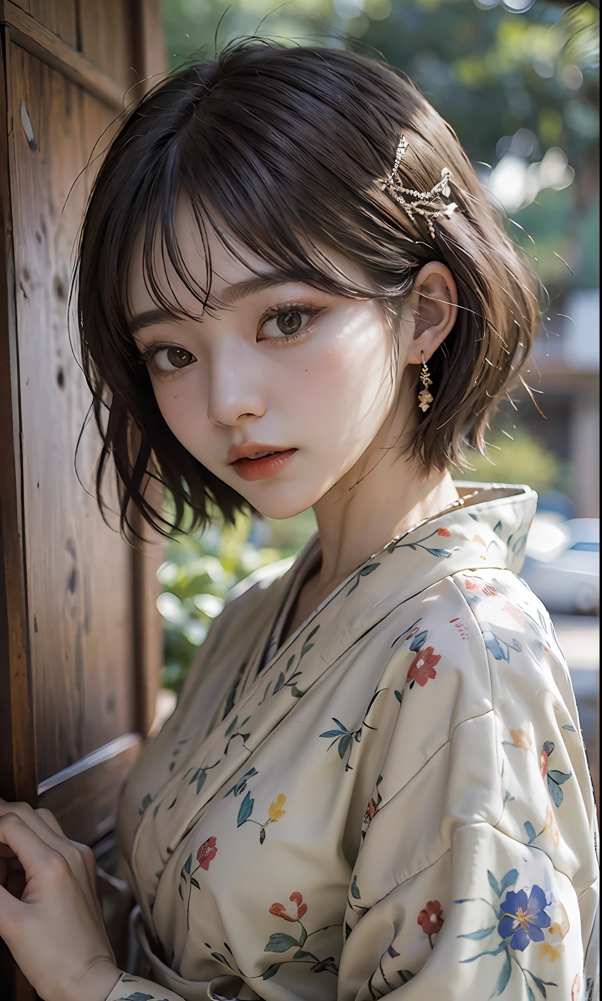 ((top-quality、​masterpiece:1.3))、sharp:1.2、Perfect Body Beauty:1.4、((Layered hairstyle))、(Kimono:1.1)、(shrines:1.2)、Highly detailed facial and skin texture、Detailed eye、二重まぶた、((short-length hair))、boyish、Cool、((unisex))、big eye、bangss、((One Woman))、Black eyes、tying  hair、hair adornments、