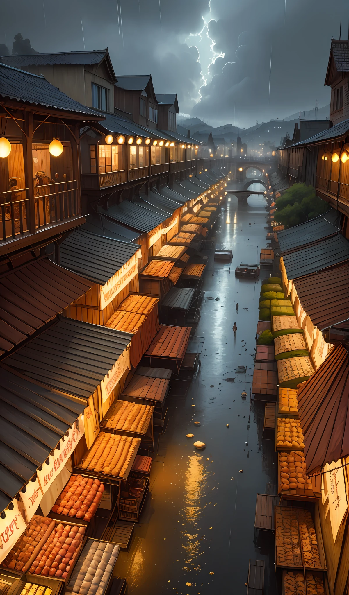 ((masterpiece)),((best quality)),((high detial)),((realistic,)) Industrial age city,Deep valley in the middle,architectural streets,bazaars,Bridges,rainy sky,steampunc,European-style architecture,illustration