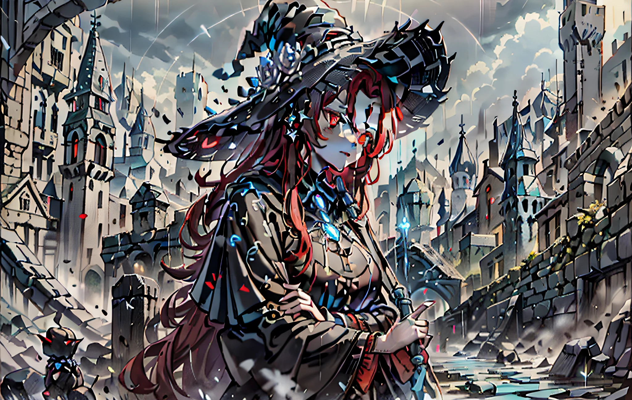 goth style，A red-haired and black-pupiled witch with a pure face，Gorgeous black magic robes，With huge mysterious creatures and eerie castles in the background，When it rains, it feels sacred，Characters take up one-sixth of the picture，holding a magical staff，The contrast between light and shadow is obvious，Grandiose scenes and an epic feel，Textured skin，high detal，A high resolution，tmasterpiece。