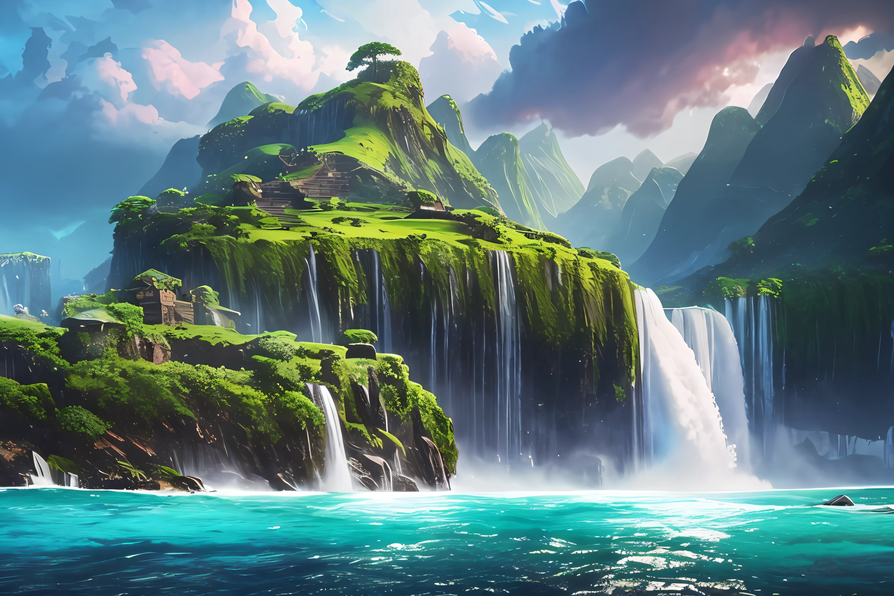 There is an island,There is a waterfall in the middle, epic matte painting of an island, impressive fantasy landscape, 4K fantasy art, matte painting in fantasy style, fantasy style 8 k octane render, 4k highly detailed digital art, 8K fantasy art, 4 K detail fantasy, Epic fantasy digital art style, epic dreamlike fantasy landscape --auto