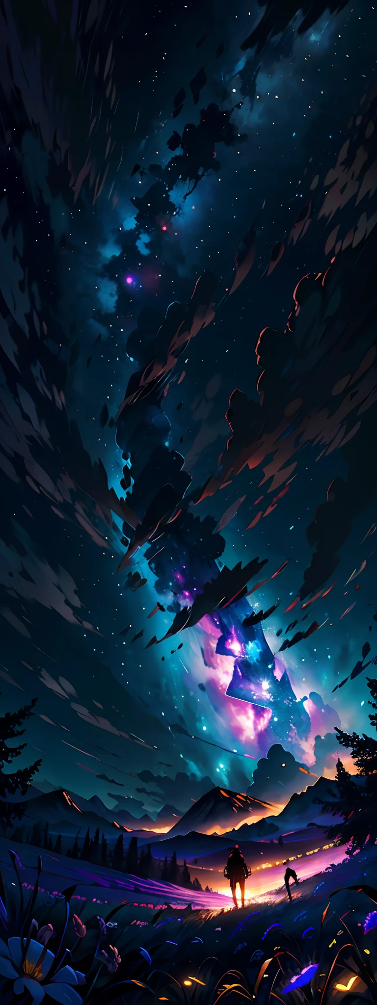 A wide landscape photo, (viewed from below, the sky is above, and the open field is below), a girl standing on a flower field looking up, (full moon: 1.2), (meteor: 0.9), (nebula: 1.3), distant mountains , Trees BREAK Crafting Art, (Warm Light: 1.2), (Firefly: 1.2), Lights, Lots of Purple and Orange, Intricate Details, Volumetric Lighting BREAK (Masterpiece: 1.2), (Best Quality), 4k, Ultra Detailed, (Dynamic Composition: 1.4), Rich in Detail and Color, (Rainbow Color: 1.2), (Glow, Atmospheric Lighting), Dreamy, Magical, (Solo: 1.2)