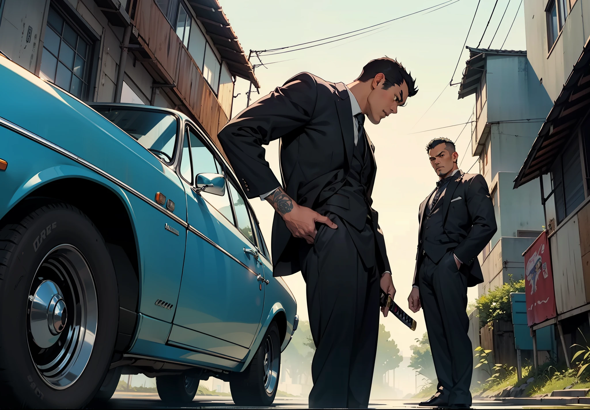 Five Yakuza, in suit, studio ghibli art style, different poses front on the car, epic, male, perfect car, perfect face, Black, katana, ultra illustration, high detailed, 90s, epic cinematic, dangerous man