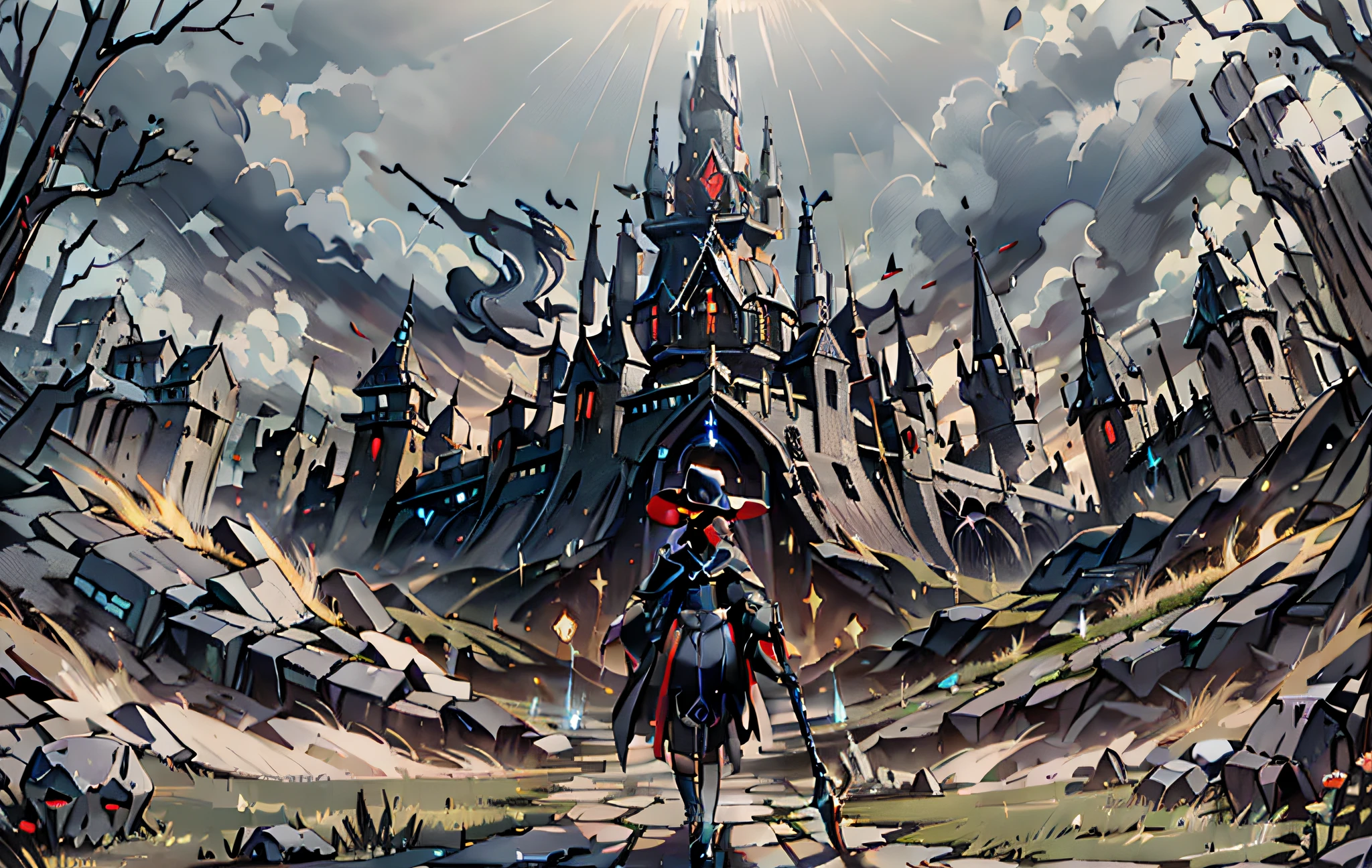 goth style，A red-haired and black-pupiled witch with a pure face，Gorgeous black magic robes，With huge mysterious creatures and eerie castles in the background，When it rains, it feels sacred，Characters take up one-sixth of the picture，holding a magical staff，The contrast between light and shadow is obvious，Grandiose scenes and an epic feel，Textured skin，high detal，A high resolution，tmasterpiece。