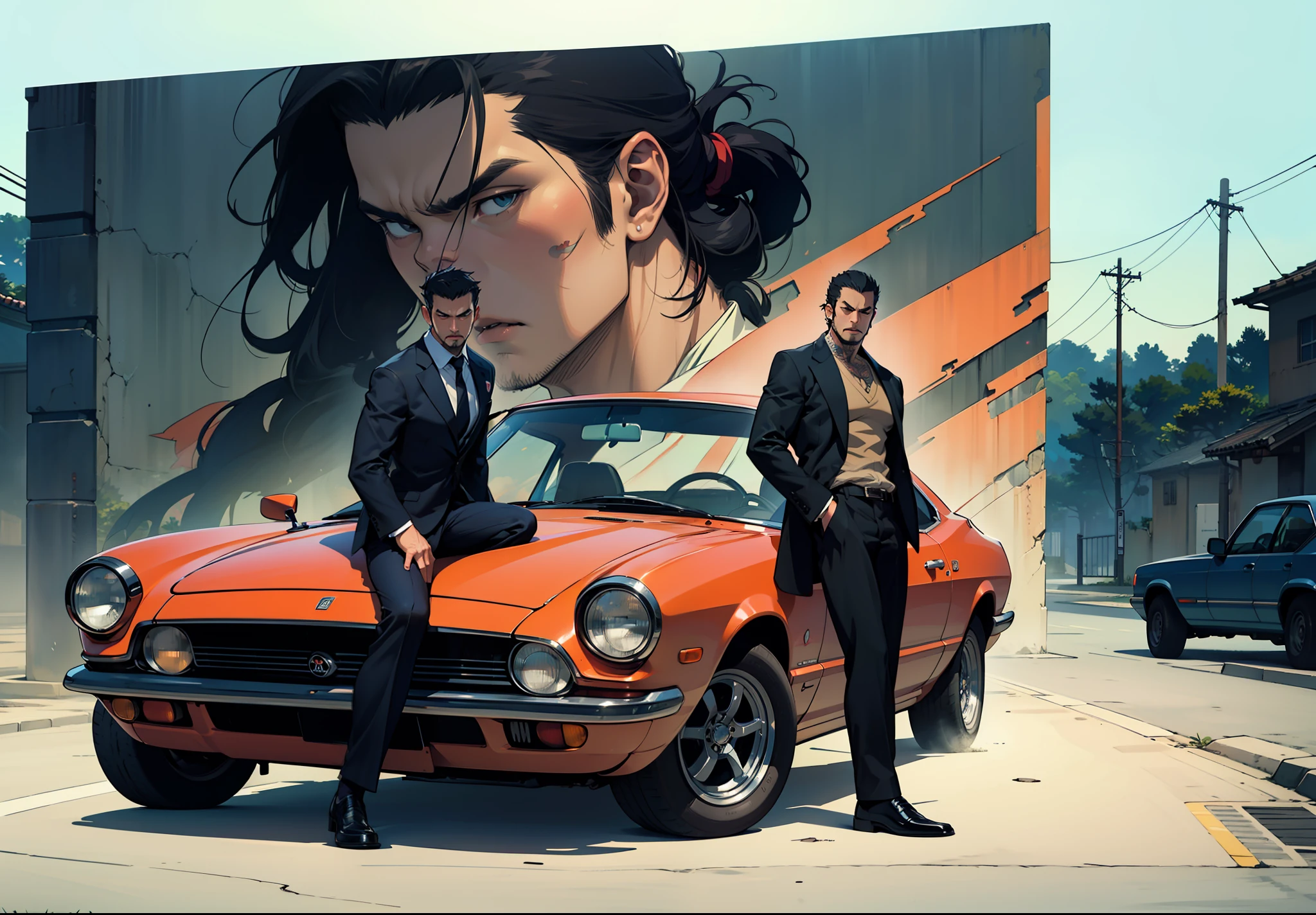 Five Yakuza, in suit, studio ghibli art style, different poses front on the car, epic, male, perfect car, perfect face, Black, katana, ultra illustration, high detailed, 90s, epic cinematic, dangerous man