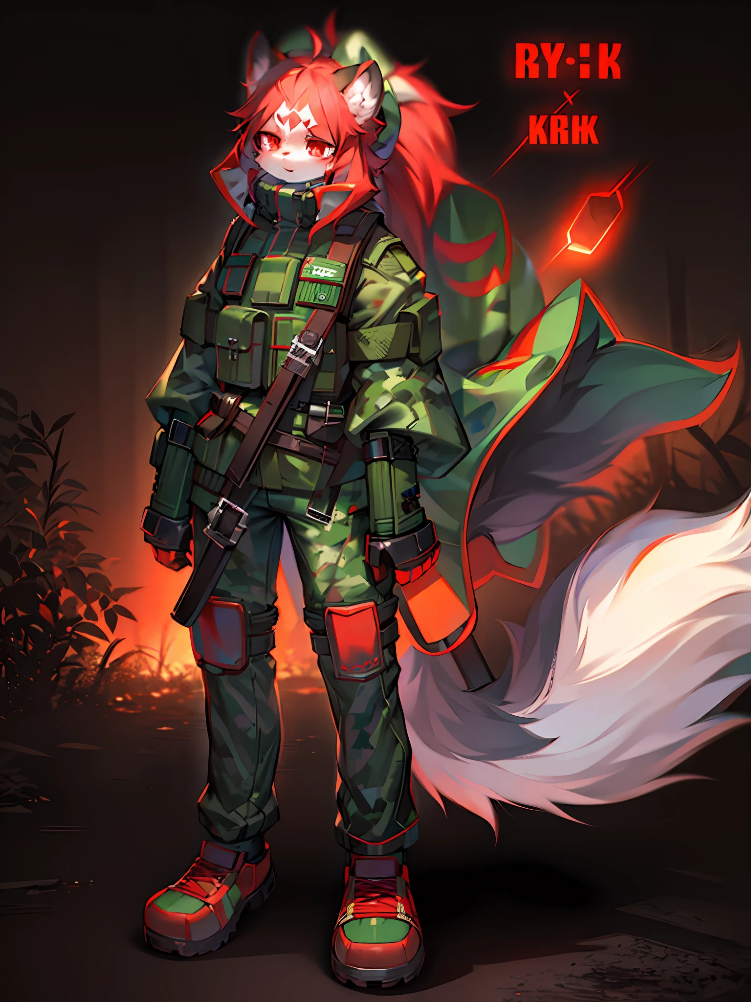 Highest image quality,3D,独奏,Ray traching,Dingdall effect,Fluffy girl,camouflage uniform,White fur all over,red color eyes,8K,Brutal and bloody background,ln the forest。