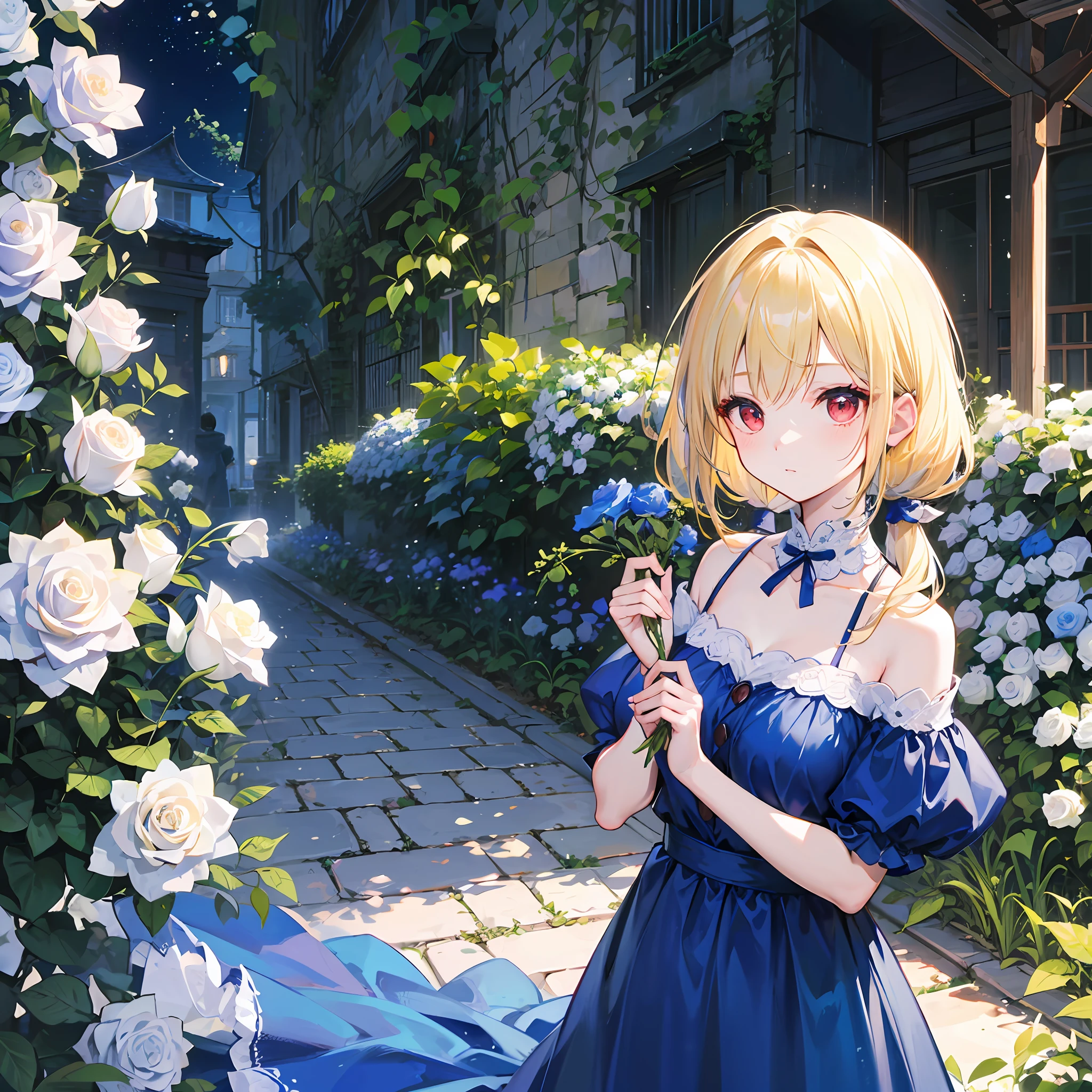 One blonde girl、red eyes、poneyTail、a blue dress、off shoulders、Garden of white roses、