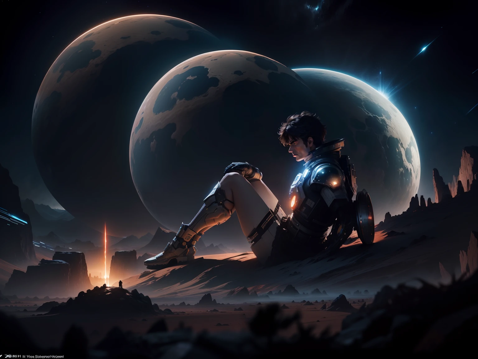 The scene is an epic and grandiose vision into a space odyssey landscape planet, dynamic pose, intricate scene and very epic, volumetric lights, evoking a sense of adventure, grandeur and wonder, an intricate and highly epic masterpiece, UHD, 8K, in hyper realistic style.