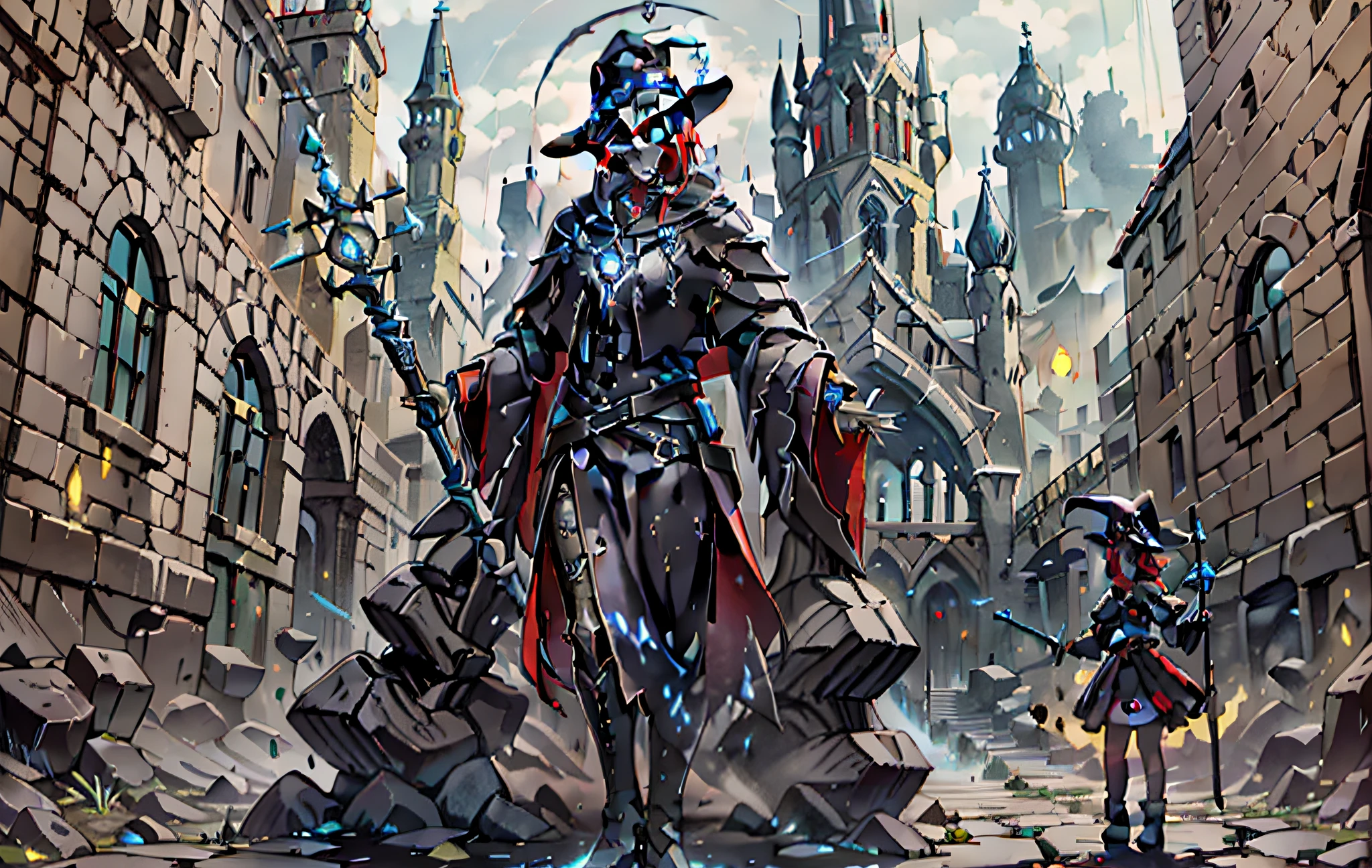 goth style，A red-haired and black-pupiled witch with a pure face，Gorgeous black magic robes，With huge mysterious creatures and eerie castles in the background，When it rains, it feels sacred，Characters take up one-sixth of the picture，holding a magical staff，The contrast between light and shadow is obvious，Grandiose scenes and an epic feel，Textured skin，high detal，A high resolution，tmasterpiece。