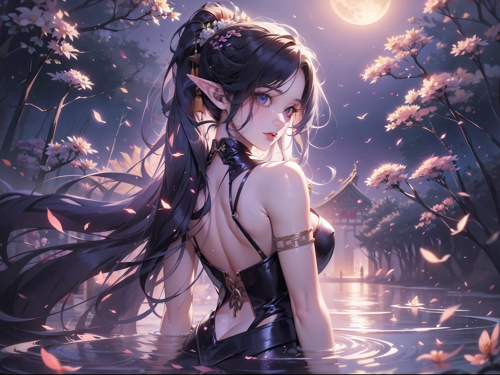 solo, beautiful female, wuxiaworld, Ancient Chinese Articles of Clothing, ancient customs, wind blow, blossom, pond, night, moon relection in the pond, blue hair, purple hair, ponytail, long hair, lonely, gradient hair, black hair, silver hair, long hair, ray tracing, reflection light, depth of field, from behind, multiple views, panorama, masterpiece, best quality, high details, high quality, ccurate, textured skin, alluring elf princess