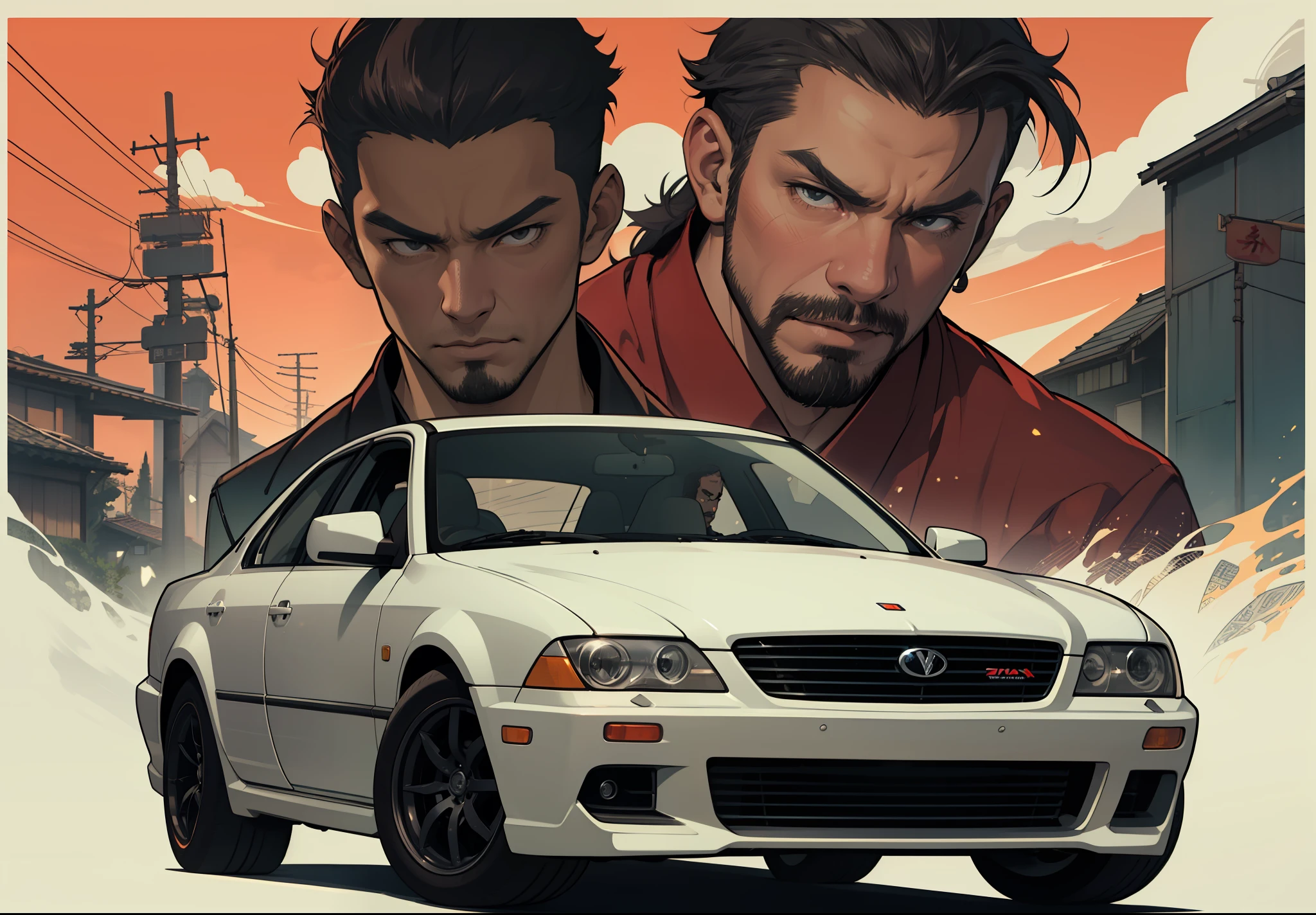 Five Yakuza, in suit, studio ghibli art style, different poses front on the car, epic, male, perfect car, perfect face, Black, katana, ultra illustration, high detailed, 90s, epic cinematic, dangerous man