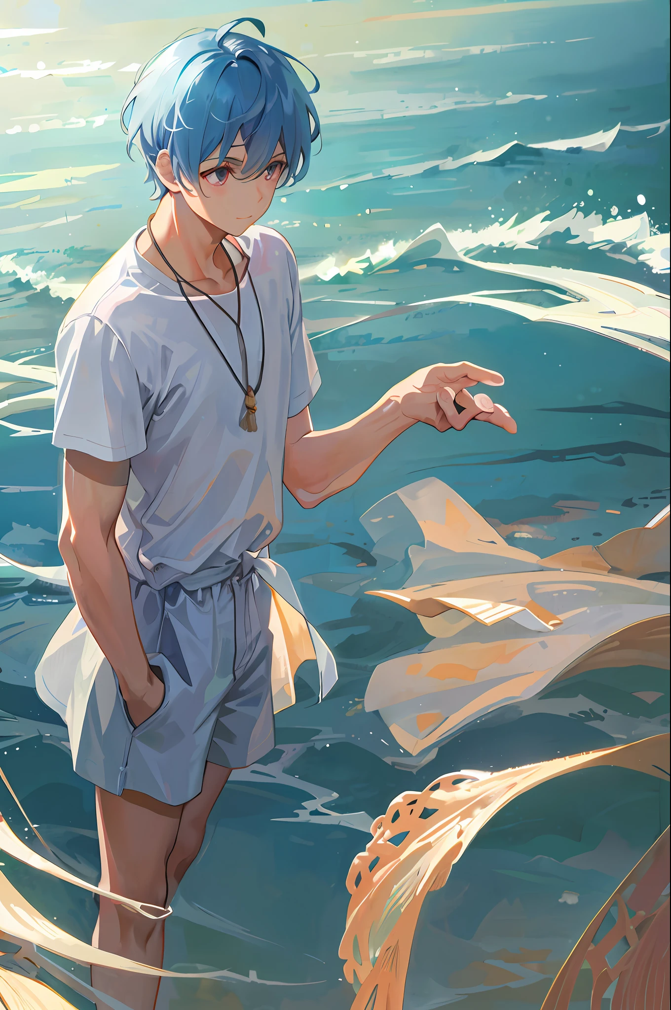 A -yead boylks barefoot on the beach。Shota,and the sun was shining brightly,Fresh and lovely,neuter