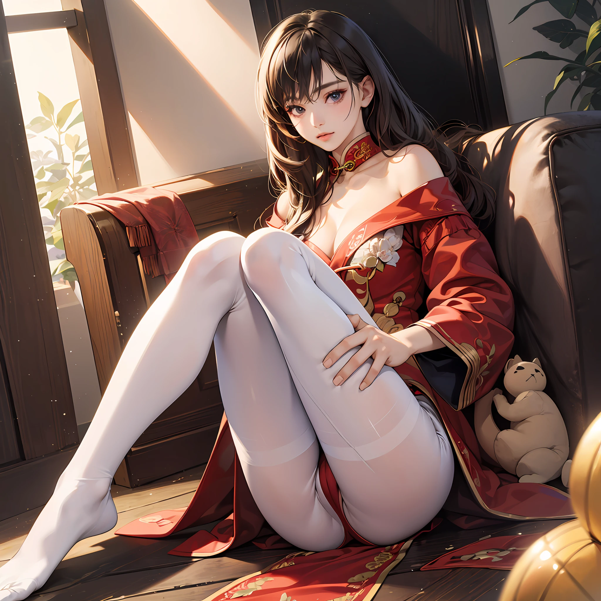 ulzzang-6500-v1.1,(raw photo:1.2), (photorealistic:1.4), Beautiful Meticulous Girl, very detailed eyes and faces, Beautiful detailed eyes, ultra - detailed, A high resolution, The is very detailed,best qualtiy,tmasterpiece,kemomimi,High split cheongsam,illustratio,The is very detailed,CG,unified,8k 壁纸,Amazing Cleavage,finely detailled,tmasterpiece,best qualtiy,The is very detailed的 CG unified 8k 壁纸,light in face,cinmatic lighting, 1girl, ,((pantyless)),(((dynamicposes))),(Camel toes),(A half body),((White pantyhose)),((Sit with your knees folded) ,up legs --auto