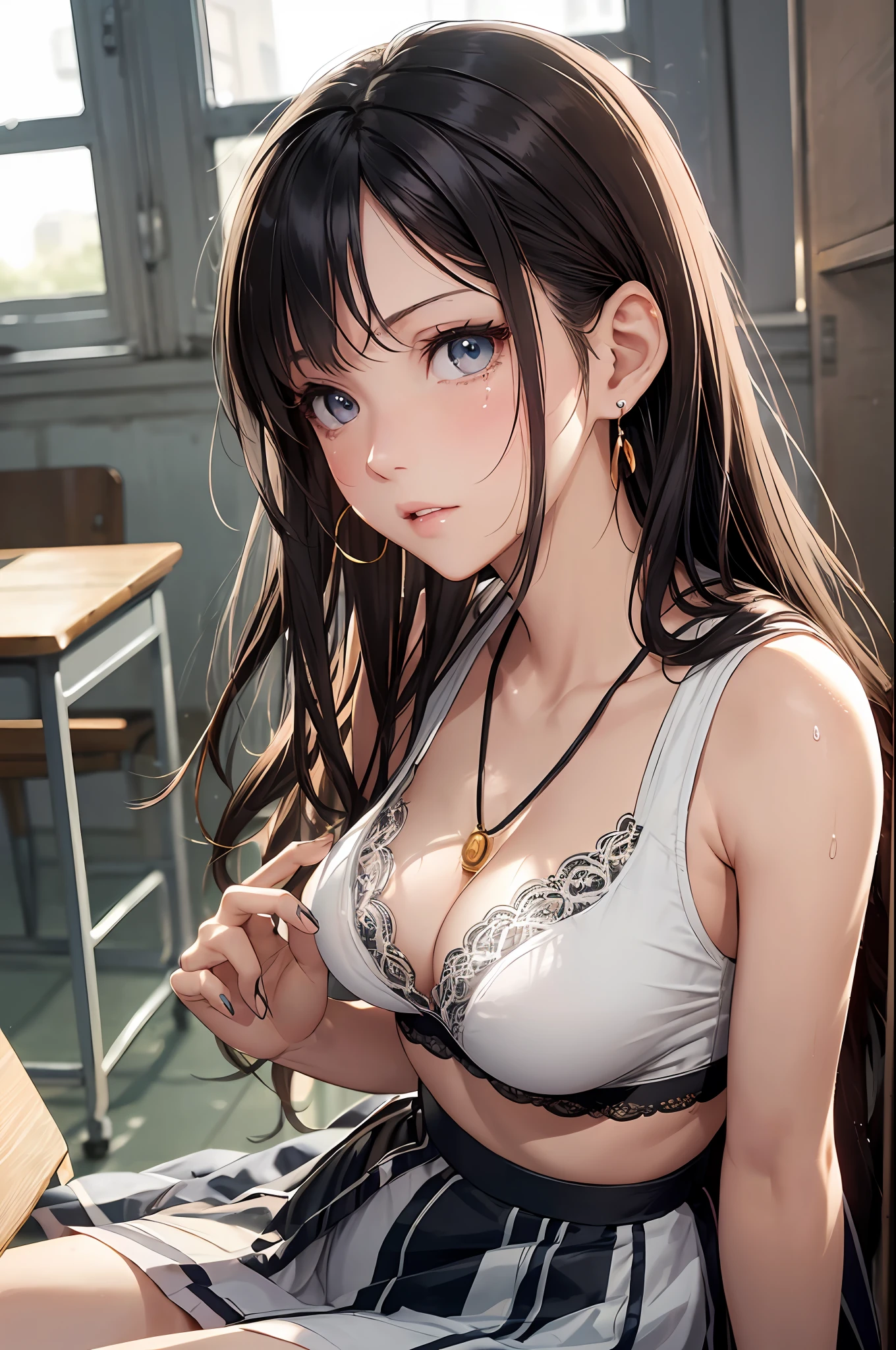 (masutepiece: 1.3), (max resolution: 1.2), (Ultra HDTV: 1.2), cinematric light, Detailed eyes and skin, detailed facial features, , 8K resolution, (Sharp Focus: 1.2, Perfect Style, Beautiful face, acurate, Anatomically correct, Highly detailed face and skin texture, Detailed eyes, Double eyelids, Thin eyebrows, Glitter Eyeliner: 1.2, Natural cheeks, Glossy skin, Fair skin: 1.2, (Glossy lips: 1.4), (Girls' High School Uniforms:1.2)、 (Shy look: 1.2), 18 instars, Neat and clean woman 、Black brown hair,Wavy Hair、 Semi-long hair, (Focus on Face:1.2), ((Small breasts)), (upturned breasts), (in class room: 1.2)), (She is sitting on the floor:1.2.)), Highly detailed facial and skin texture, Detailed eyes, Double eyelids, Natural cheeks, Green-gray eyes,a necklace、 shiny small earrings, shiny lips: 1.4,Exposed cleavage、(A large amount of sperm in the chest:1.4)(Large amount of sperm in the thighs:1.2)、red blush、Tears are embarrassing、White underwear、White bra、Open knees、open one's legs、Masturbation behavior、Disheveled clothes、Dressing、Exposed panties、Wearing sweat、sodden、Sheer underwear、Maids、humiliated、impatience、dismay、Frightened、glares、blue eyes、Full-body angle of view、from the front side、red blush、
