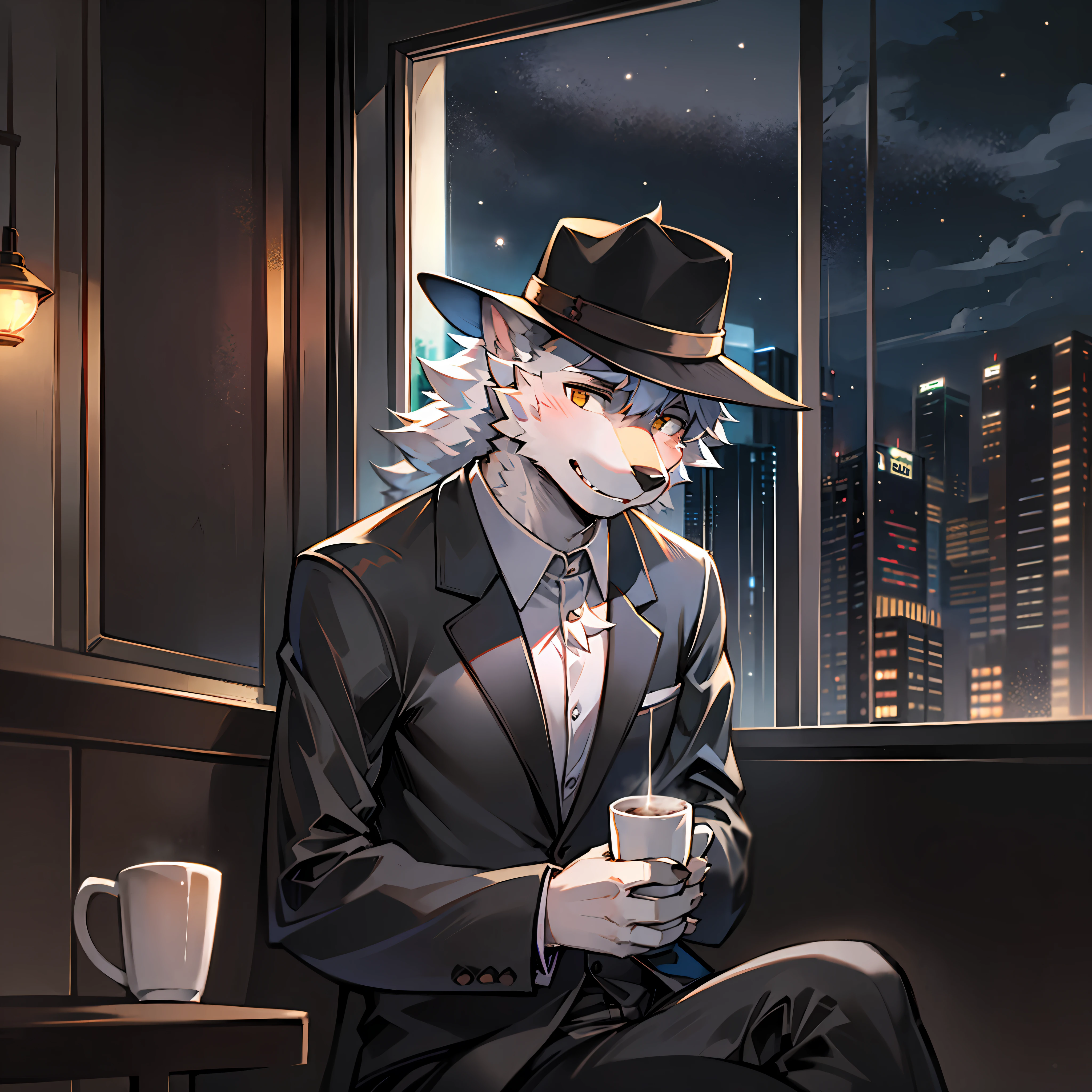 独奏,Sixteen years old,Wolf orcs,silver fur,Handsome model,wearing black suits,Wear a gentleman's hat,sitting in a café,drinking a coffee,Back shadow,heavy rain,nighttime scene,Look out the window,Bright background