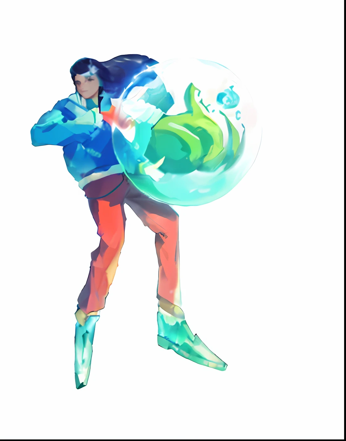 A cartoon image of a woman in a blue jacket holding a green object, promo art, this character has cryokinesis, character is covered in liquid, telegraph stickers, a sorceress casting a ice ball, avatar for website, Man with balloon, author:Alan Jones, promotional art, Avatar image, [ Buble, super super dynamic dynamic pose, a woman holding an orb