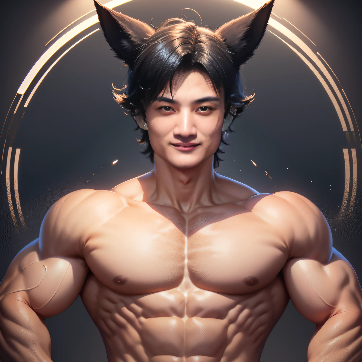 A young man，musculature，hair bobbles, wince, longeyelashes, solid circle eyes, fake animal ears, light smile, ear blush, fang, Surrealism, drop shadow, anaglyph, stereogram, tachi-e, pov, ray tracing, 8k, super detail, ccurate