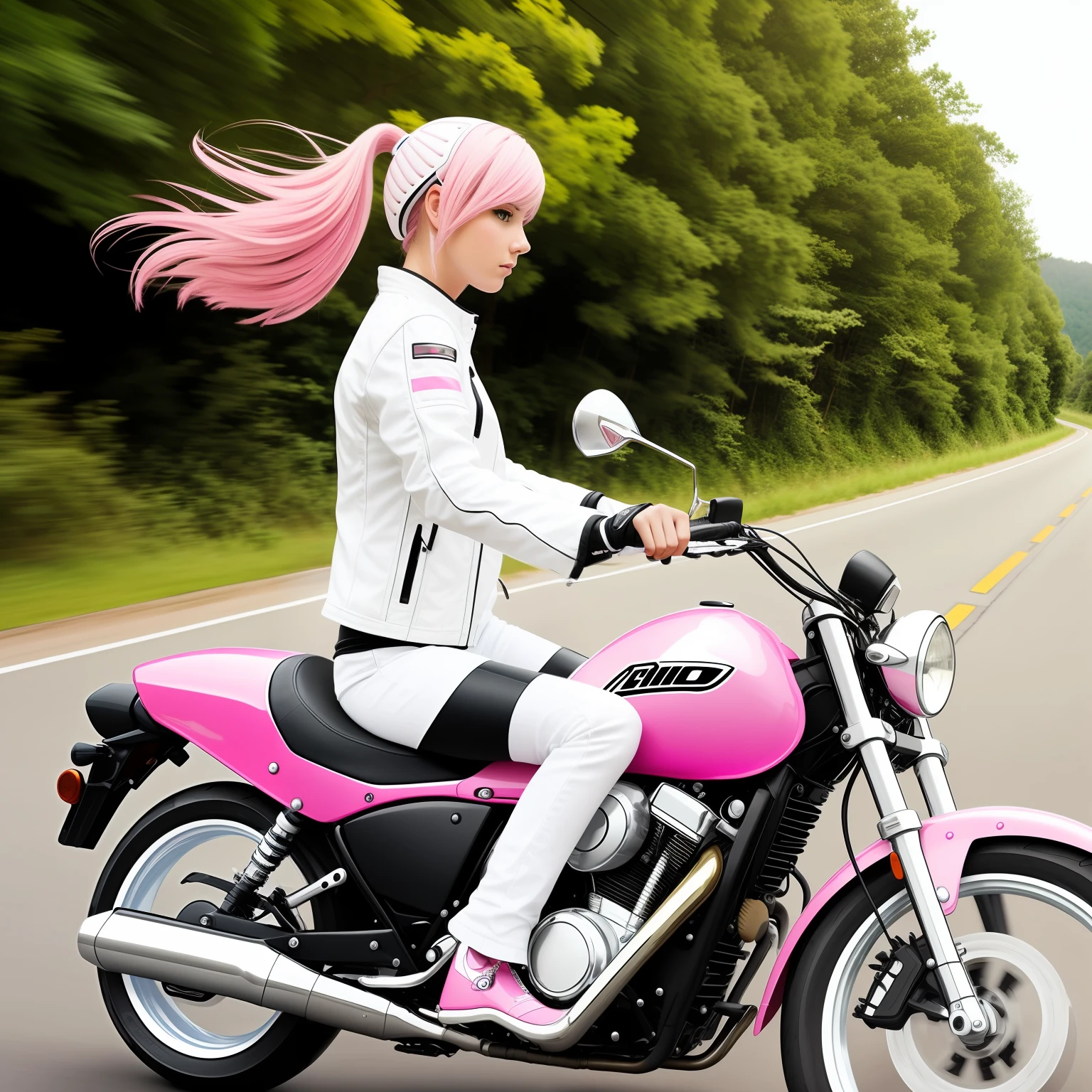 white  clothes，female，Pink hair，Ride a motorcycle --auto