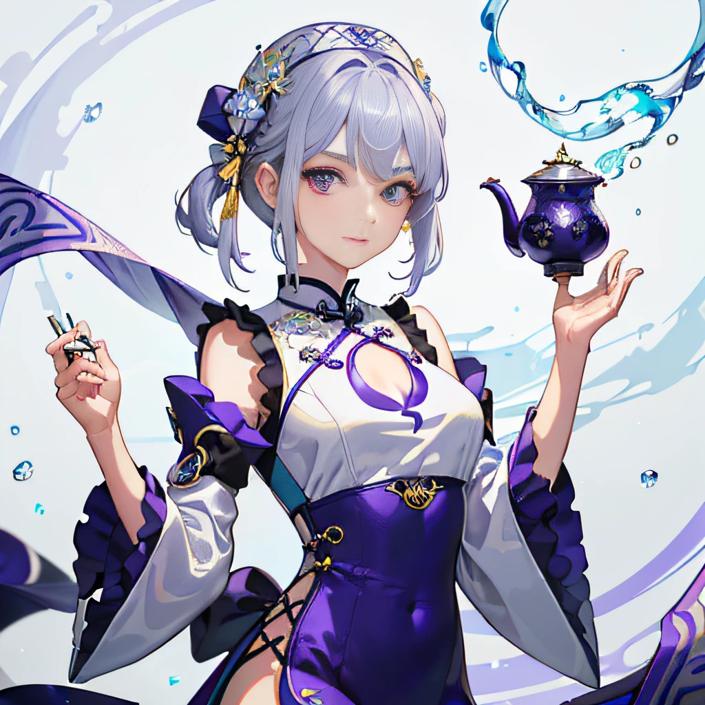 ((top-quality、4K,masterpiece:1.3))、Focus:1.2、1girl in、perfect body type:1.4、Slim abs:1.3、Silver hair、((a purple eye))、(((Blue cheongsam))),(Alphonse Mucha style)、Chinese Tea House、Particles of light、