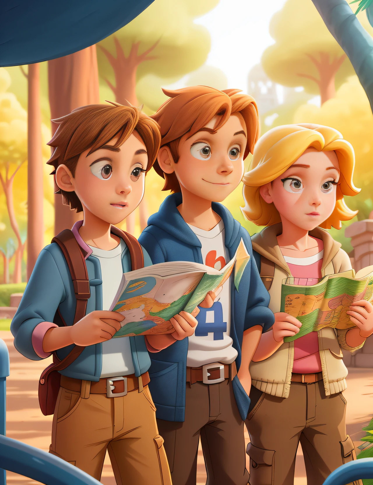 Three  are standing in a park with a map, official illustration, explorers of the ruins at dusk, Exploradores, arte promocional, disney render, alicization, nova aventura, filme de aventura, imagem promocional do filme, Viagem, Arte Oficial, in style of disney animation, aventura, animated film, animation still, desenho animado ainda, promocional ainda, disney 2d animation still --auto