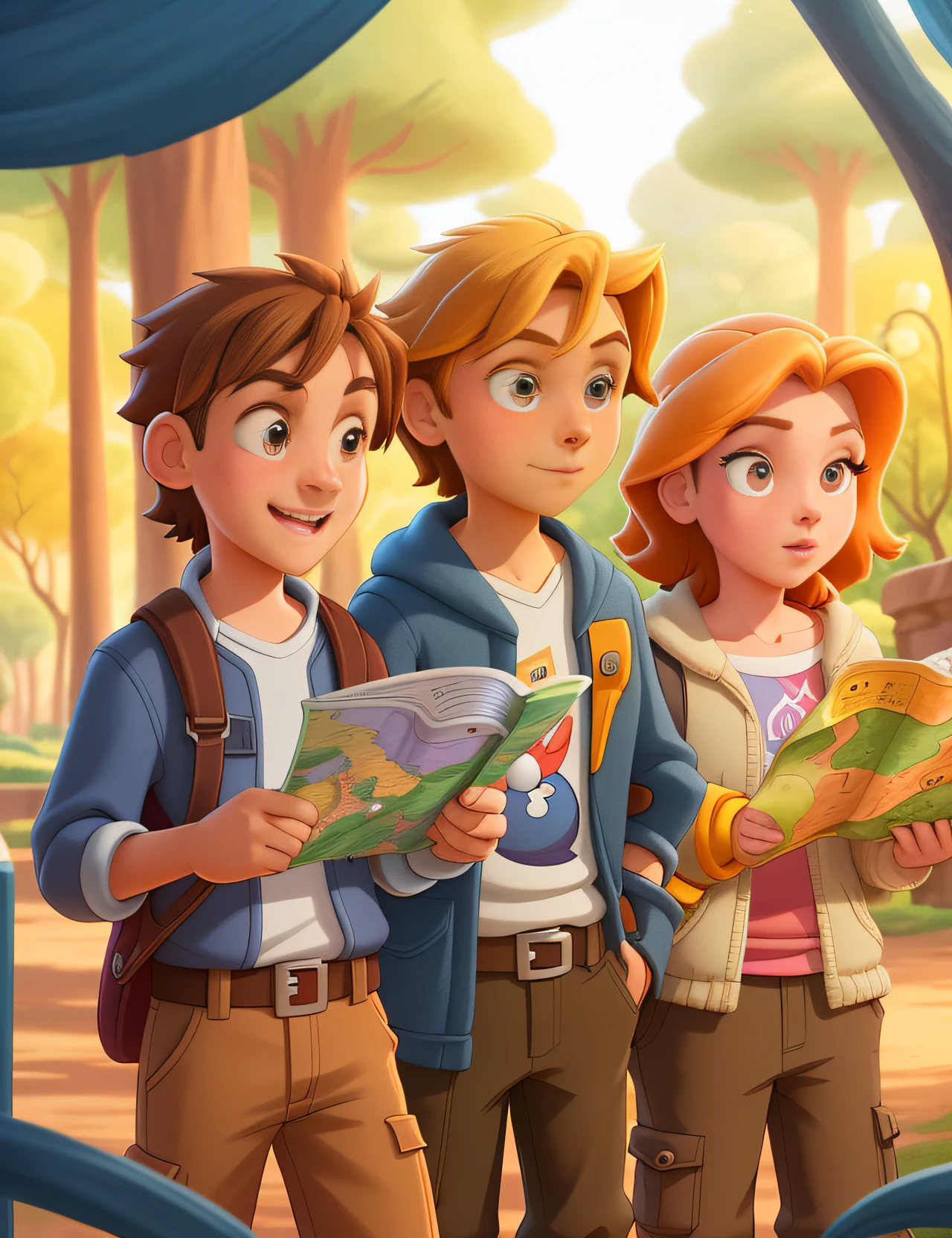 Three  are standing in a park with a map, official illustration, explorers of the ruins at dusk, Exploradores, arte promocional, disney render, alicization, nova aventura, filme de aventura, imagem promocional do filme, Viagem, Arte Oficial, in style of disney animation, aventura, animated film, animation still, desenho animado ainda, promocional ainda, disney 2d animation still --auto