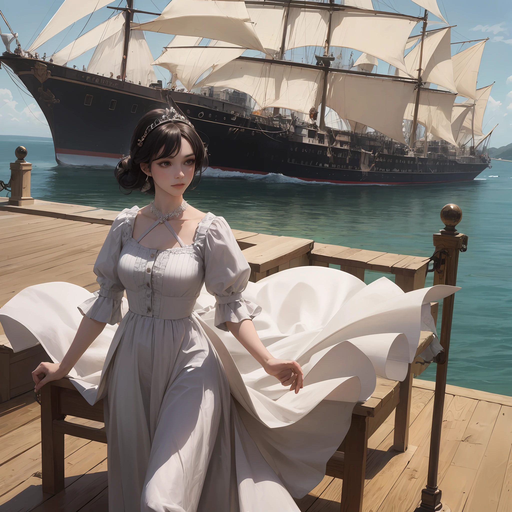 Girl in antique open dress, On the deck of the caravel, is beautiful, thick black hair, Cyan eyes, Perfect skin, Direct gaze, Without a smile --auto