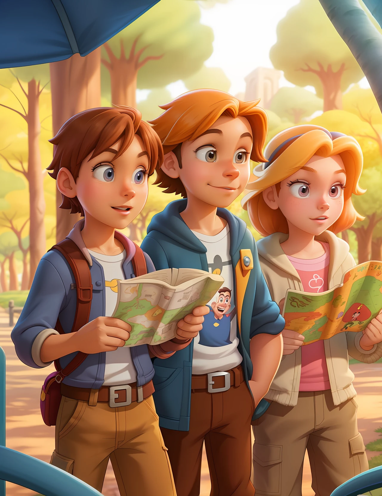 Three  are standing in a park with a map, official illustration, explorers of the ruins at dusk, Exploradores, arte promocional, disney render, alicization, nova aventura, filme de aventura, imagem promocional do filme, Viagem, Arte Oficial, in style of disney animation, aventura, animated film, animation still, desenho animado ainda, promocional ainda, disney 2d animation still --auto