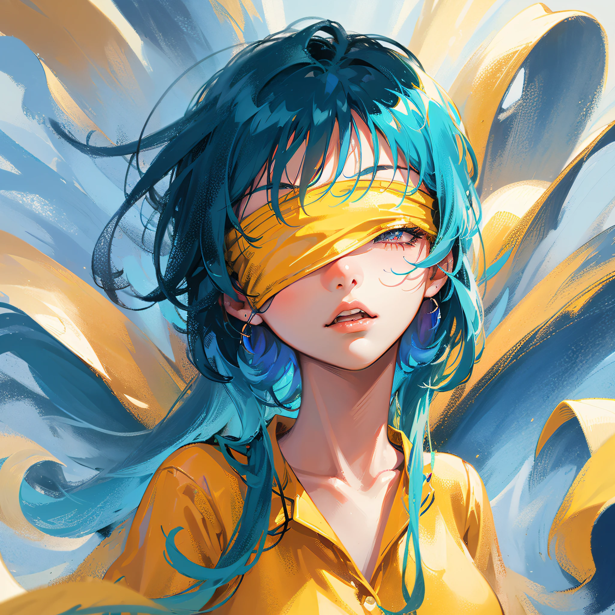 blue hairs,High ponytail,Yellow pajamas,red blindfold,The upper part of the body,head looking up,tmasterpiece,Need --auto