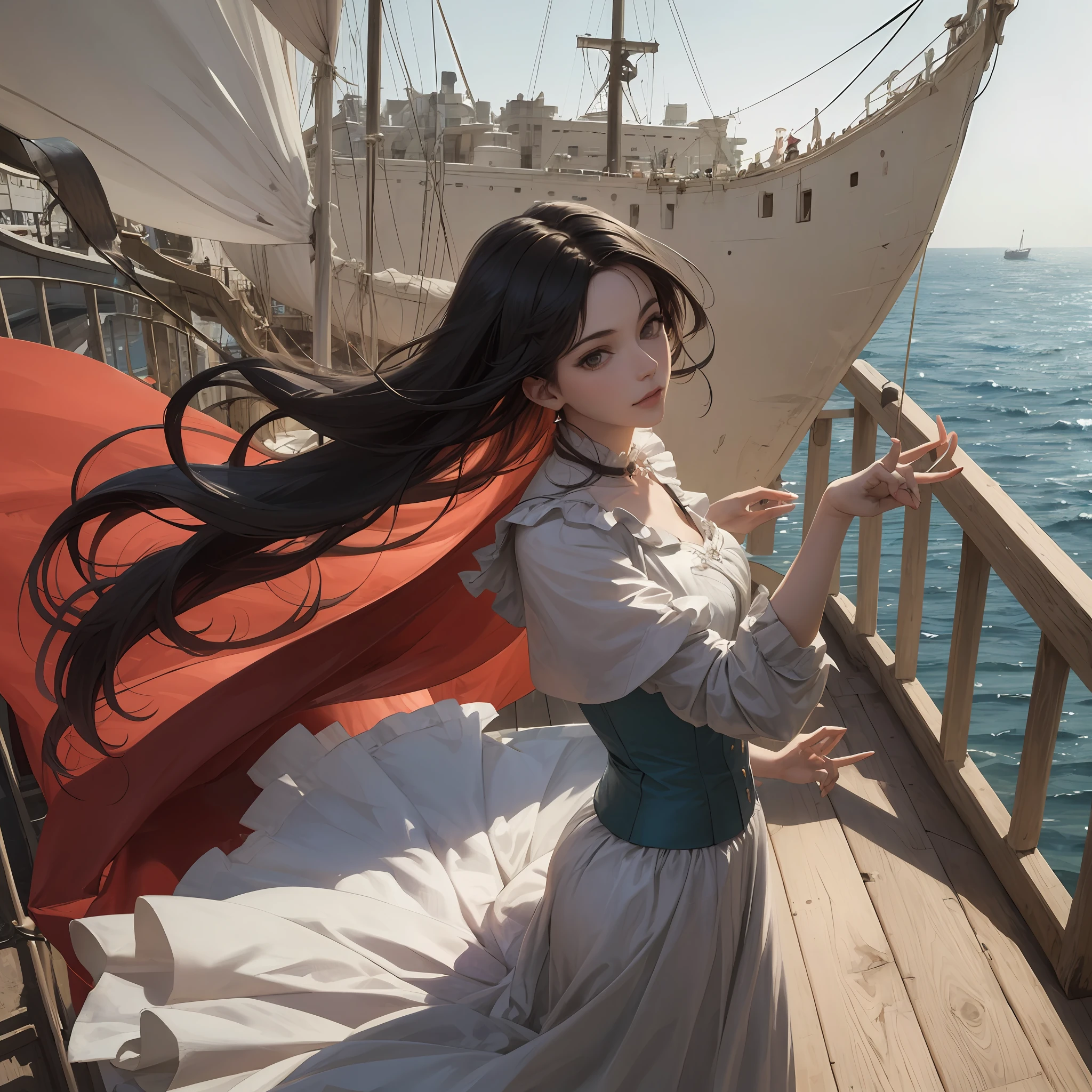 Girl in antique open dress, On the deck of the caravel, is beautiful, thick black hair, Cyan eyes, Perfect skin, Direct gaze, Without a smile --auto