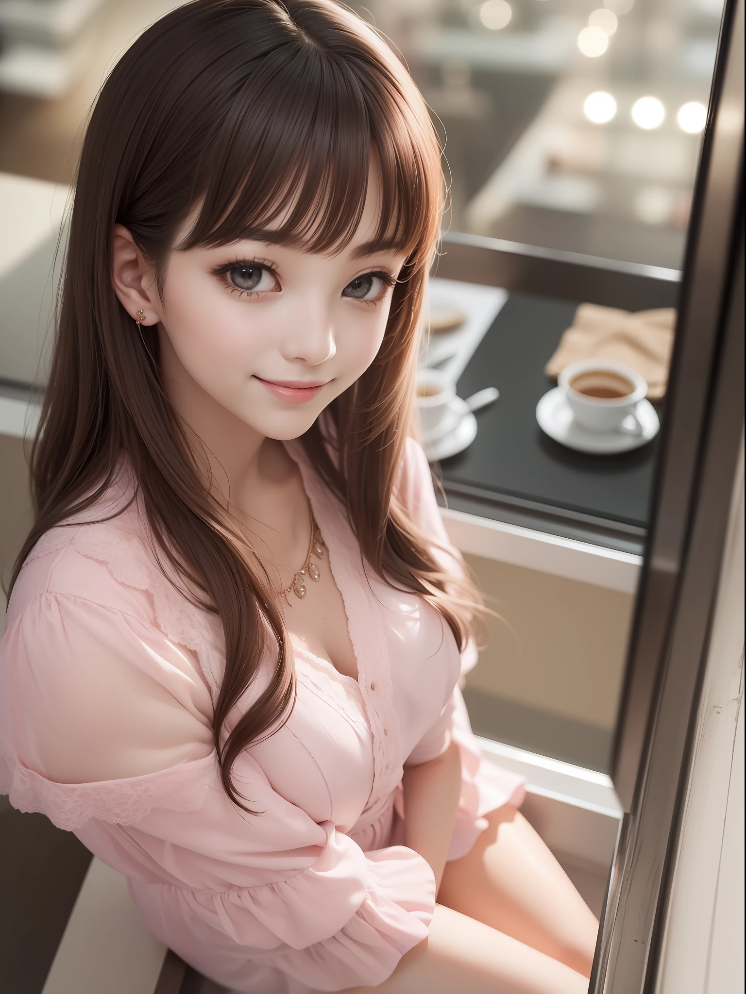 masuter piece, best qualtiy, (((realisitic, Photorealsitic:1.37))), ((Solo)), 8K image quality, Extremely delicate and beautiful, splendid, Official art with attention to detail, Ridiculous, Unbelievably ridiculous, huge filesize, ultra-detailliert, ighly detailed, (Beautuful Women), (detailed woman), extremely detailed eye and face, Beautiful detailed eyes, Light makeup, (Perfect female figure), (Korean beauty), ((fullllbody)), With bangs, (((Light pink dress))), (ssmile), (spoiled child), ((Happy face)), ((Kamimei)), (((View from above))), (Cafe Counter),