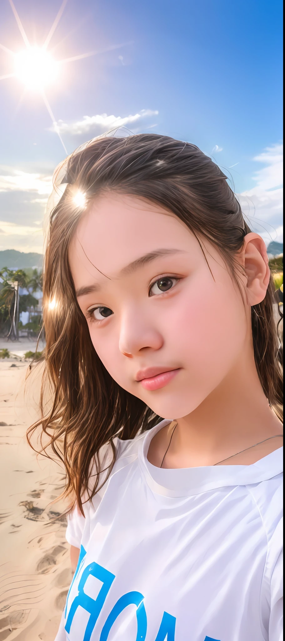 A young girl standing on the beach holding a frisbee, 8k selfie photograph, south east asian with round face, she is about 1 6 , xintong chen, Ruan cute vtuber, 19-year-old girl, young cute wan asian face, Cute young girl, Young Asian girl, nivanh chanthara