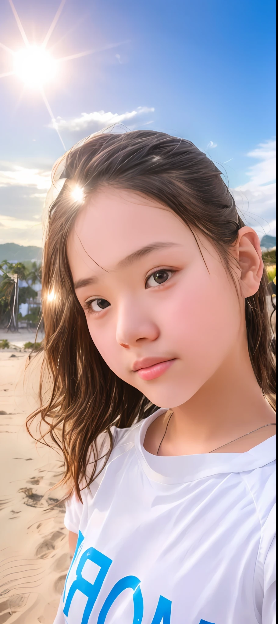 A young girl standing on the beach holding a frisbee, 8k selfie photograph, south east asian with round face, she is about 1 6 , xintong chen, Ruan cute vtuber, 19-year-old girl, young cute wan asian face, Cute young girl, Young Asian girl, nivanh chanthara