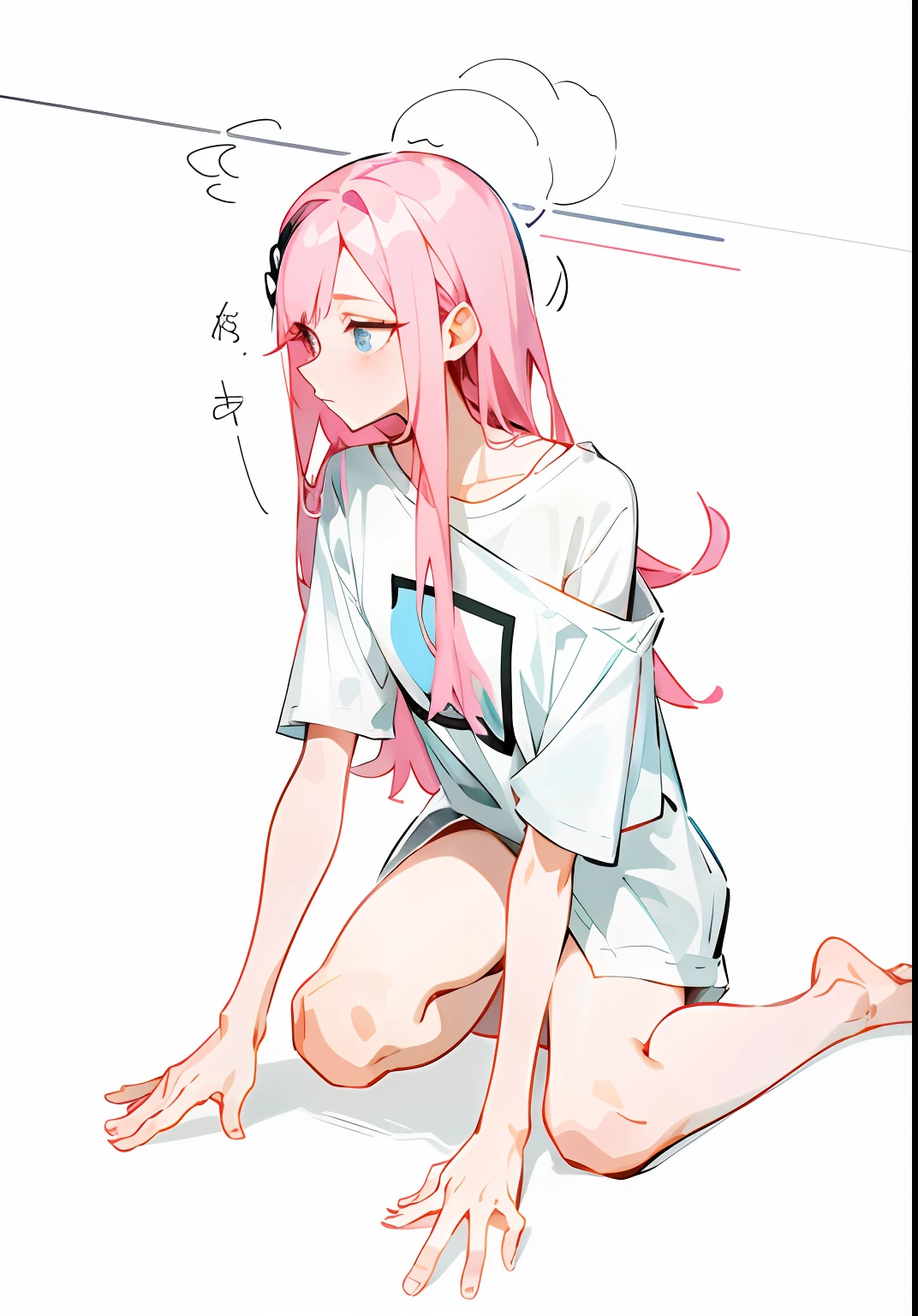 Anime girl sitting on the ground，Pink hair showing one shoulder, the anime girl is crouching,  seductive anime girls, nezuko, inspired by Munakata Shikō, beautiful anime girl crouching，upper legs，The line of sight is facing down，1girl，T-shirt，By bangs,middlebreast,(plumw),slim,[Wide hips], aru \(blue archive\),Bare feet，no pants