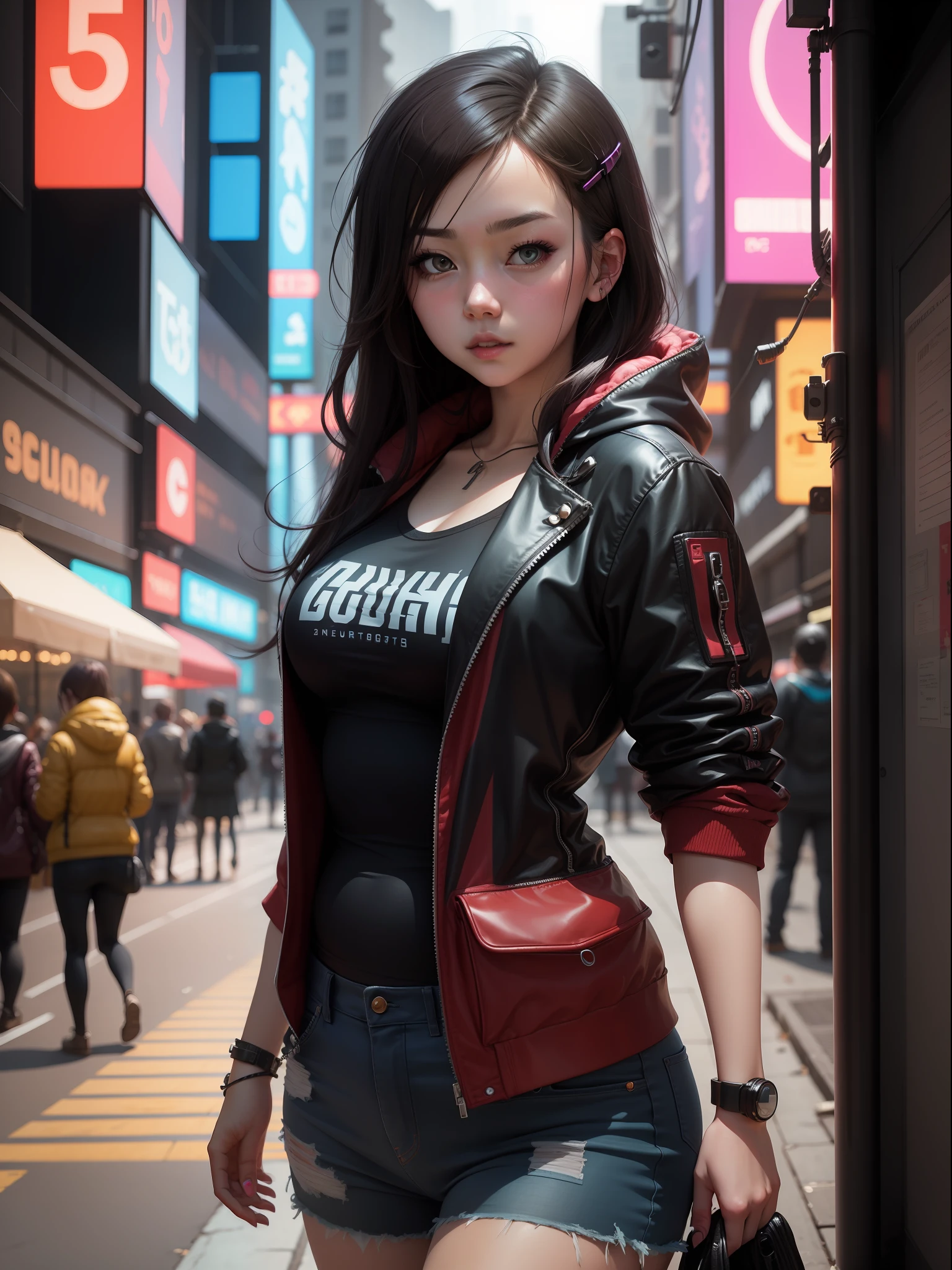 Low Chubby girl real face animeted ; change background in to cyberpunk ;