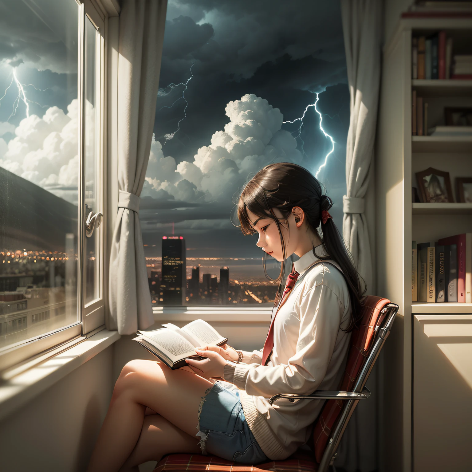 A ager sat by the window reading a book, the clouds outside the window were thick, lightning and thunder, the atmosphere was depressed, and the style was gloomy --auto --s2