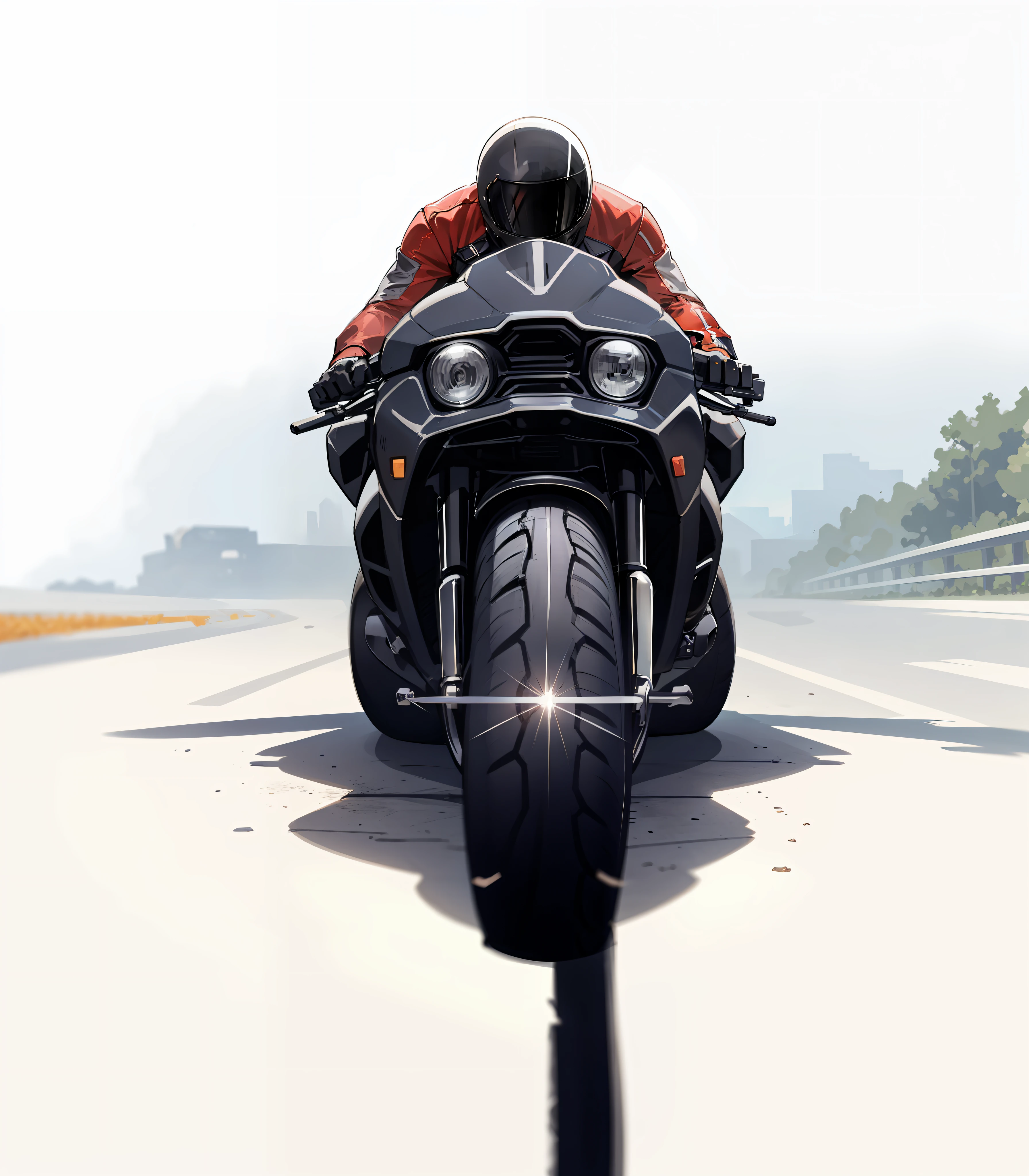 There is a black-and-white photo of a motorcycle rider, motorbiker, Handsome，a red helmet，Reflective，highways，racing，Leather clothes，Cycling clothing