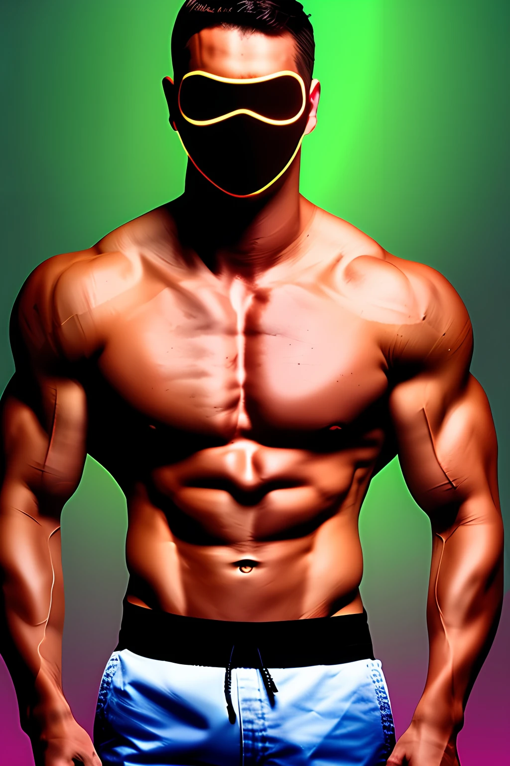 man，Eight-pack abs，shorter pants，Black mask eyes glowed red，Side Body，favela，Mechanical wind，Hyper Real，High resolution，Movie lighting，Dirty braids