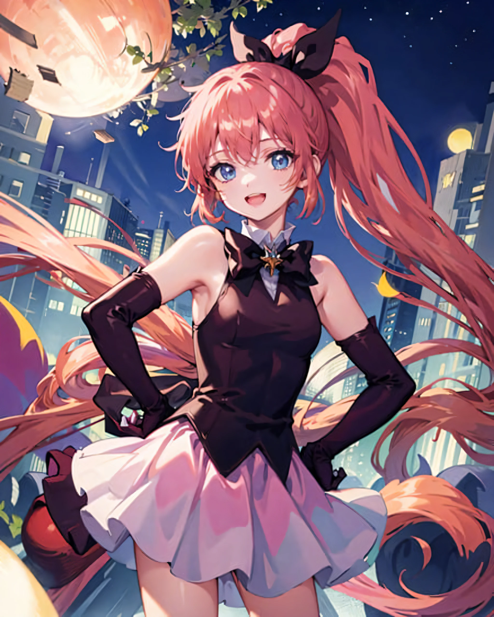 masterpiece,1girl,standing,cowboy shot, elbow gloves,
pink skirt, haneoka meimi, light smile, open mouth, black_shirt,
outdoors,cityscape, night,moon,hand on hip,